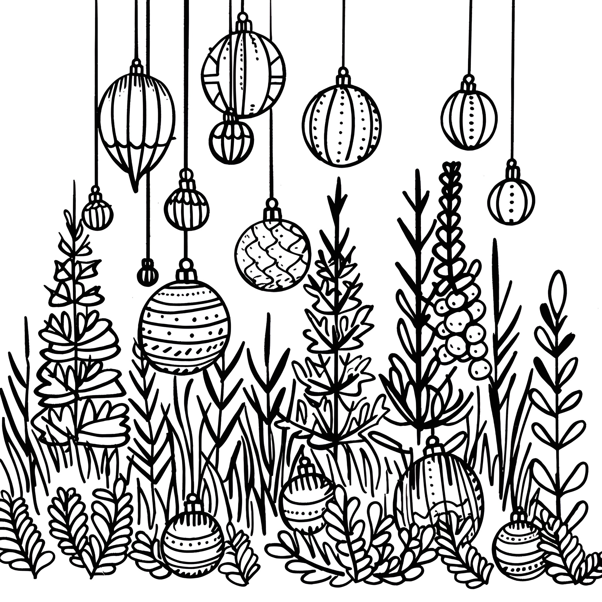 Ornaments floating amidst whimsical foliage Drawing Idea (free black-and-white line drawing printable PDF for all, from beginners to advanced learners, including children, teens, adults, and seniors)