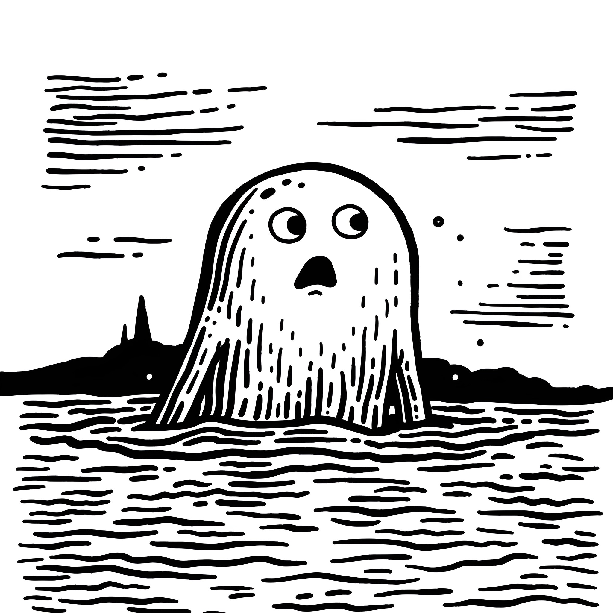 Monster emerging from stormy sea Drawing Idea (free black-and-white line drawing printable PDF for all, from beginners to advanced learners, including children, teens, adults, and seniors)
