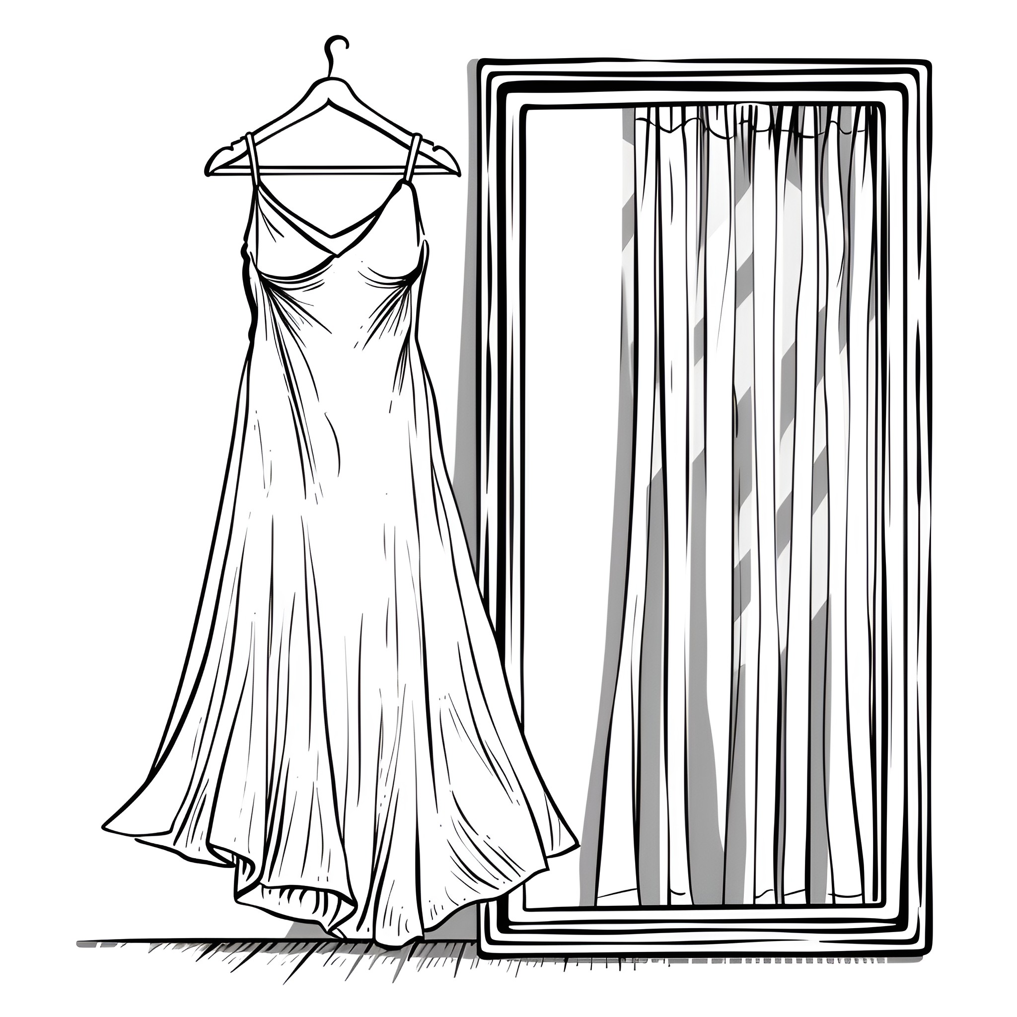 Dress with flowing silhouette hung in dressing room Drawing Idea (free black-and-white line drawing printable PDF for all, from beginners to advanced learners, including children, teens, adults, and seniors)