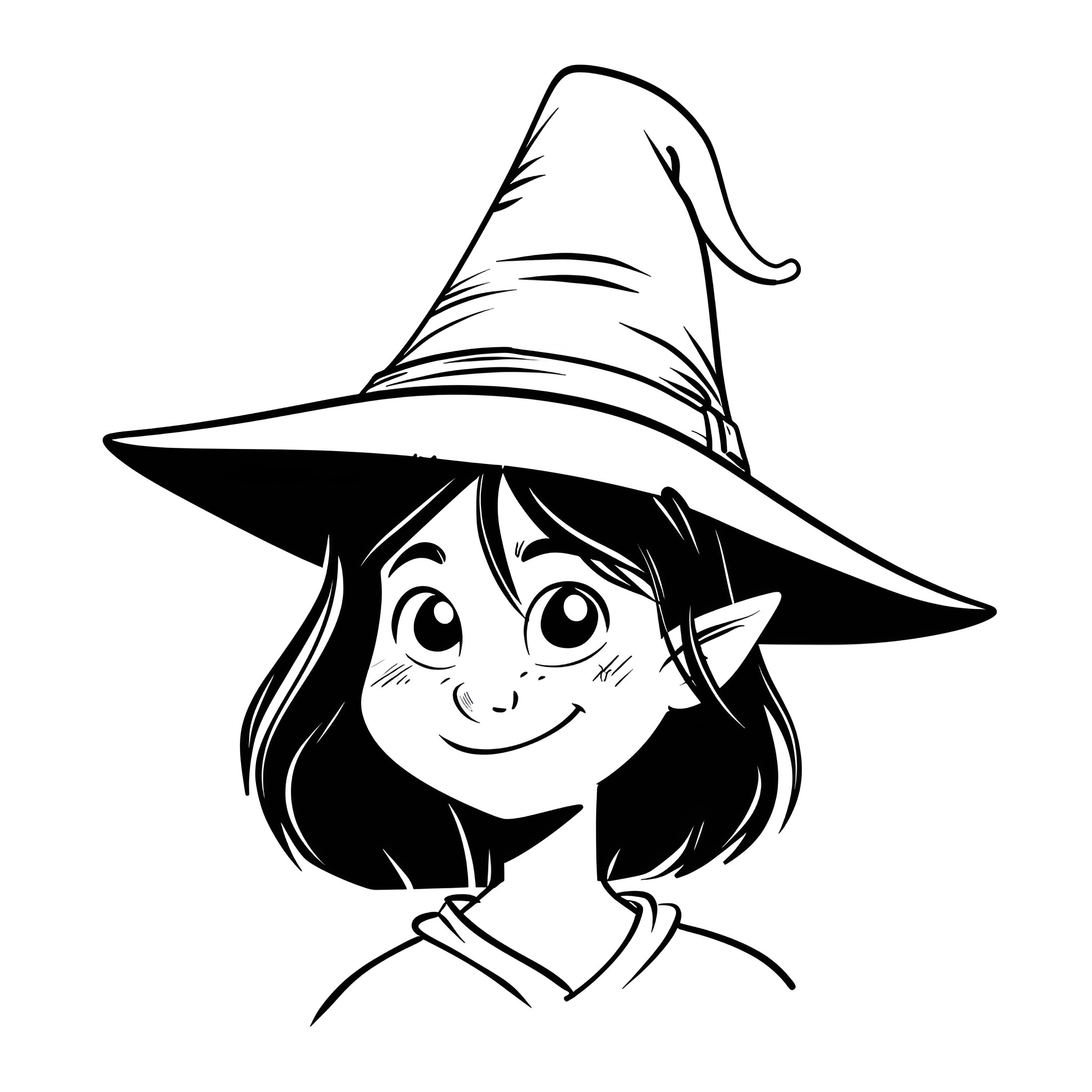 Witch with a cheerful expression Drawing Idea (free black-and-white line drawing printable PDF for all, from beginners to advanced learners, including children, teens, adults, and seniors)