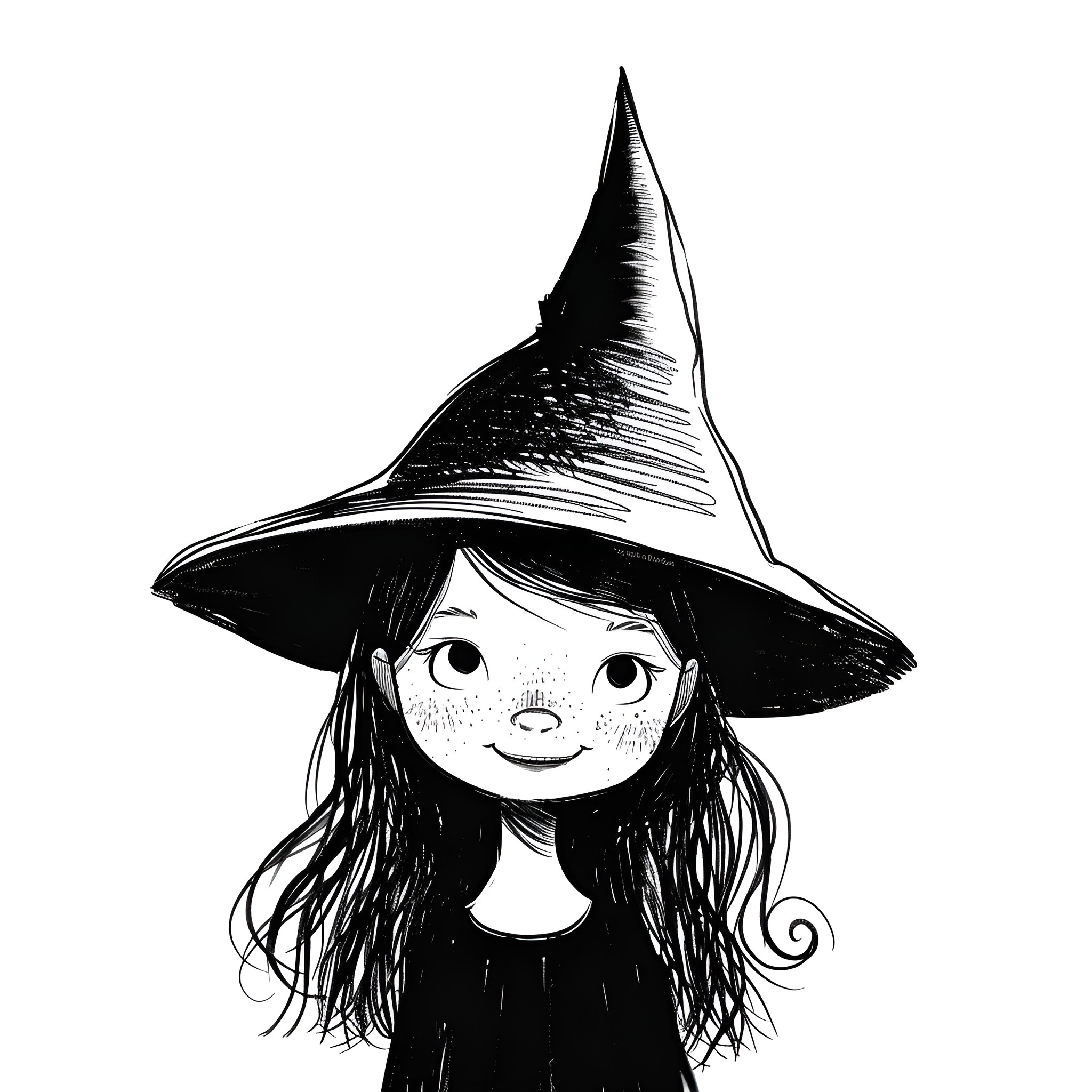 Witch with mischievous expression Drawing Idea (free black-and-white line drawing printable PDF for all, from beginners to advanced learners, including children, teens, adults, and seniors)