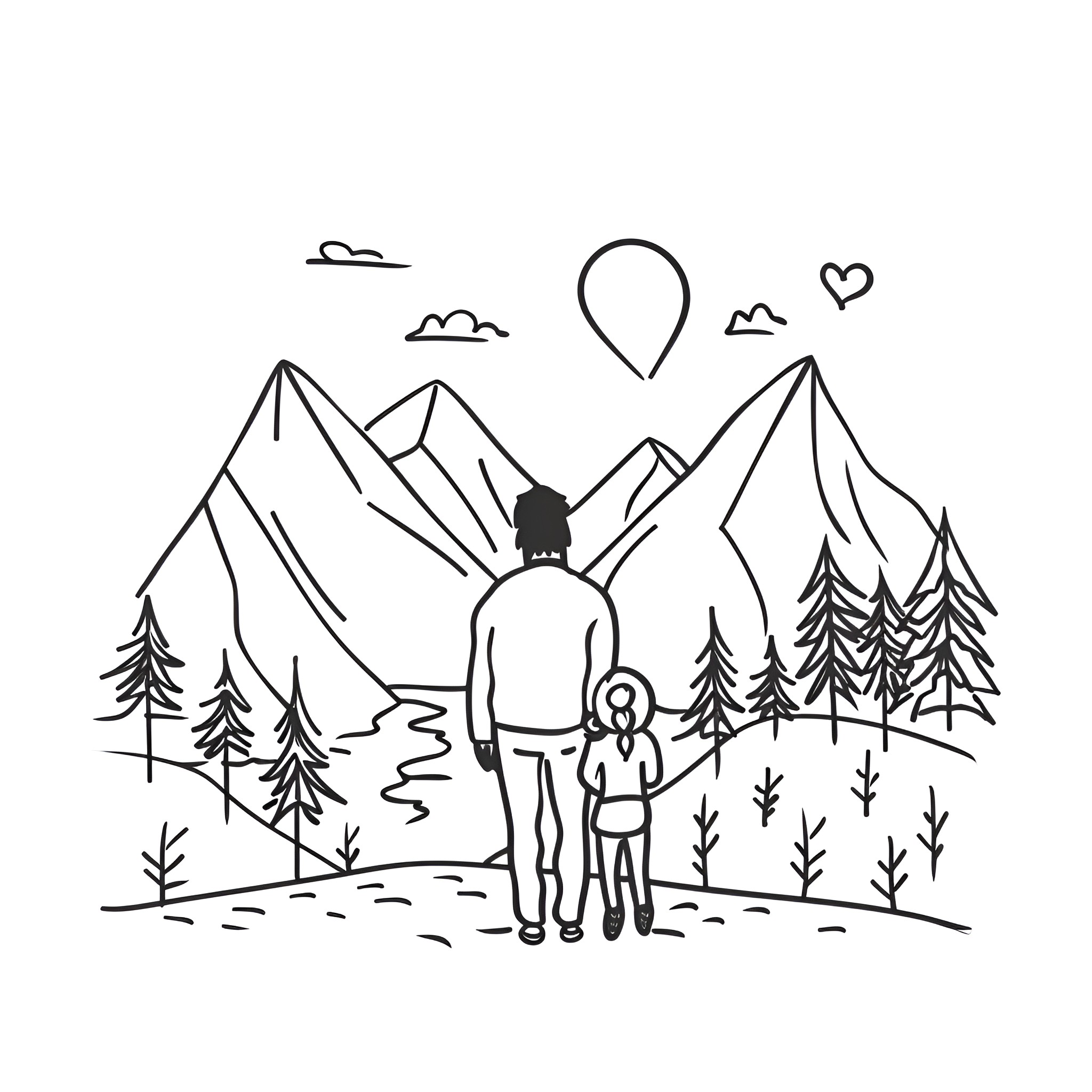 I Love You Adventuring Together Drawing Idea (free black-and-white line drawing printable PDF for all, from beginners to advanced learners, including children, teens, adults, and seniors)