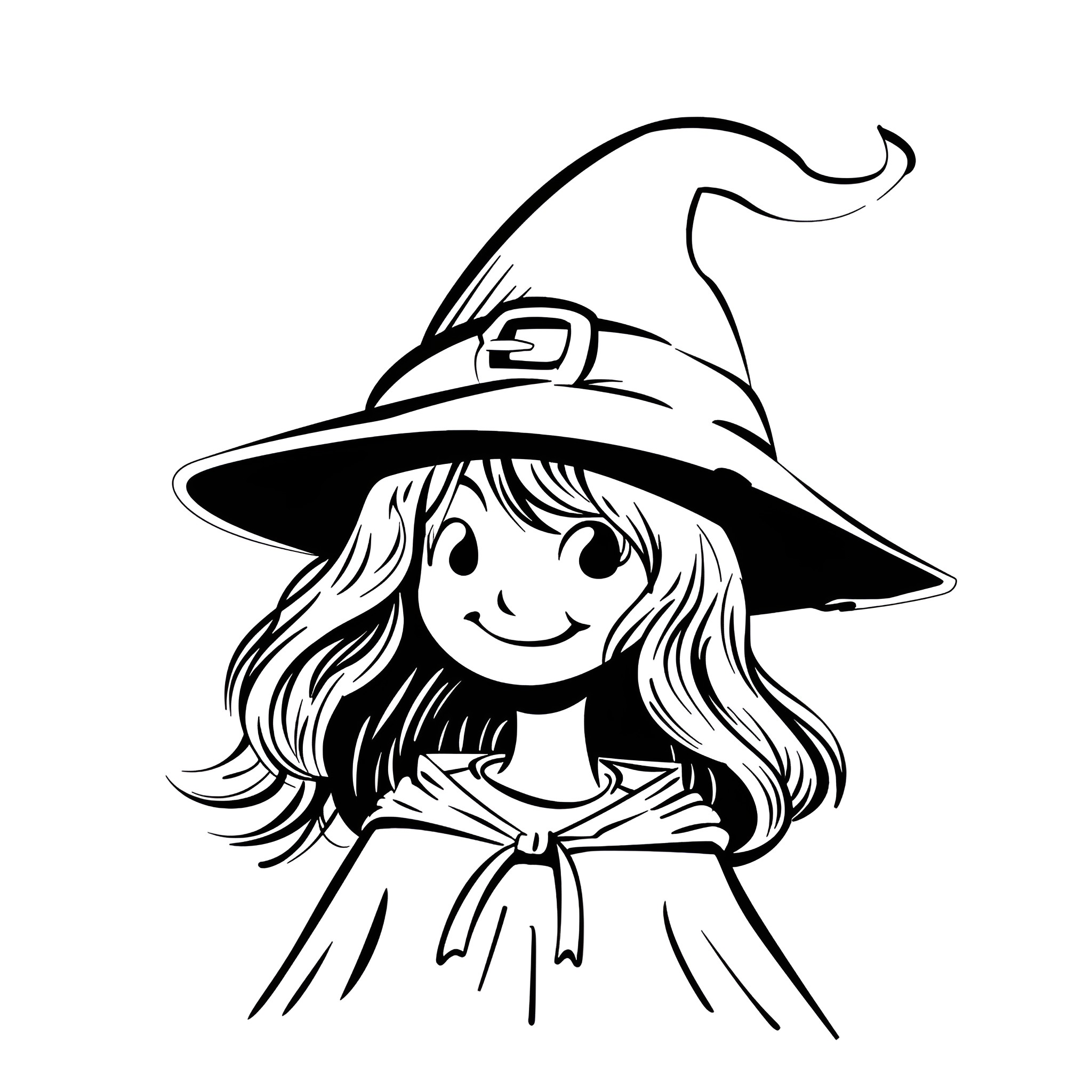 Witch in whimsical attire Drawing Idea (free black-and-white line drawing printable PDF for all, from beginners to advanced learners, including children, teens, adults, and seniors)