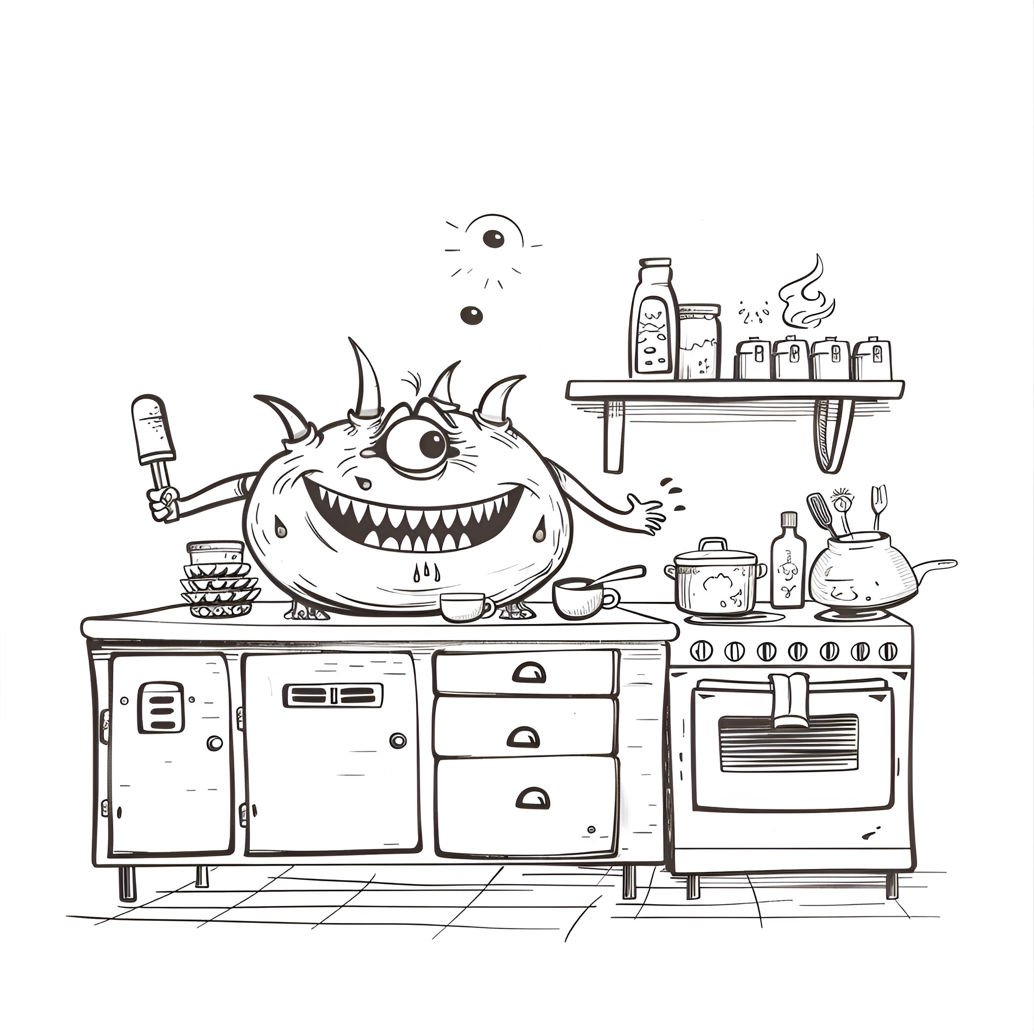 Monster cooking in the kitchen Drawing Idea (free black-and-white line drawing printable PDF for all, from beginners to advanced learners, including children, teens, adults, and seniors)