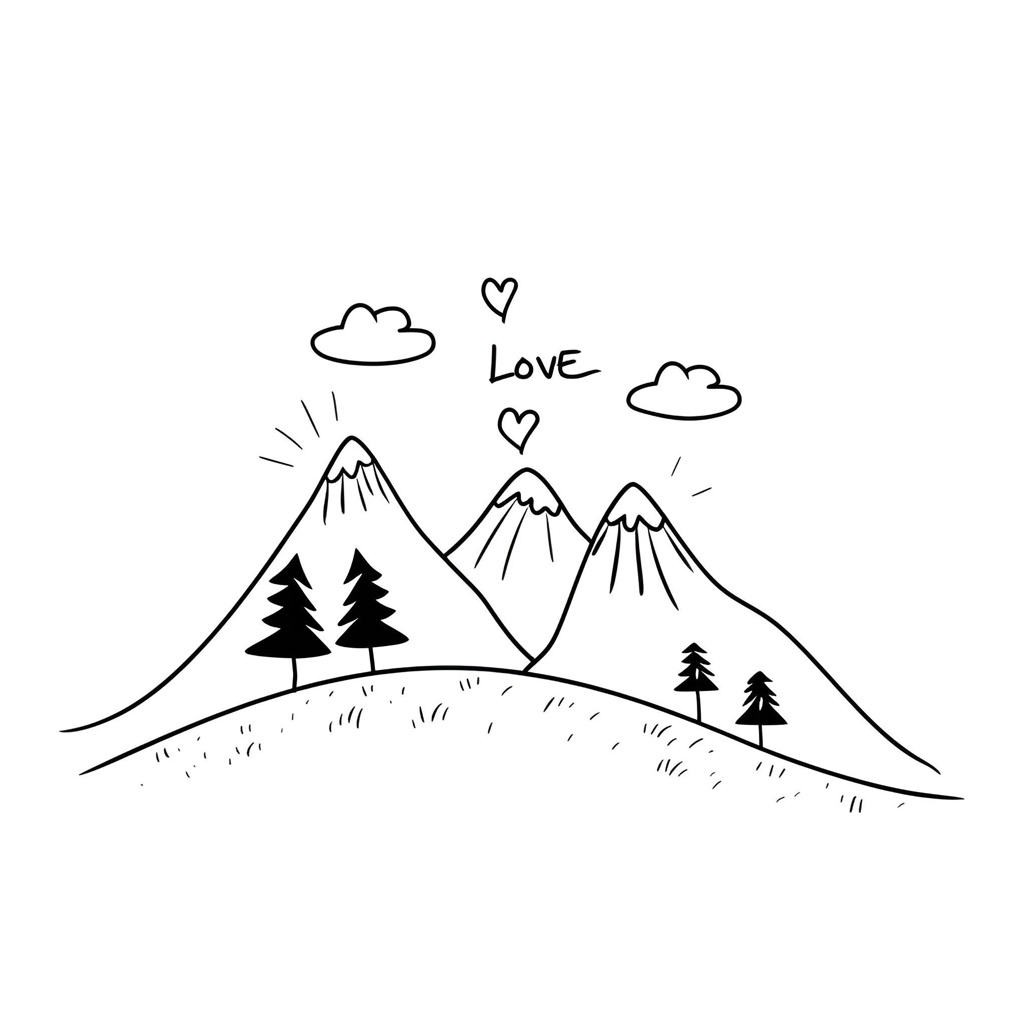 I Love You Adventure on the Mountains Drawing Idea (free black-and-white line drawing printable PDF for all, from beginners to advanced learners, including children, teens, adults, and seniors)