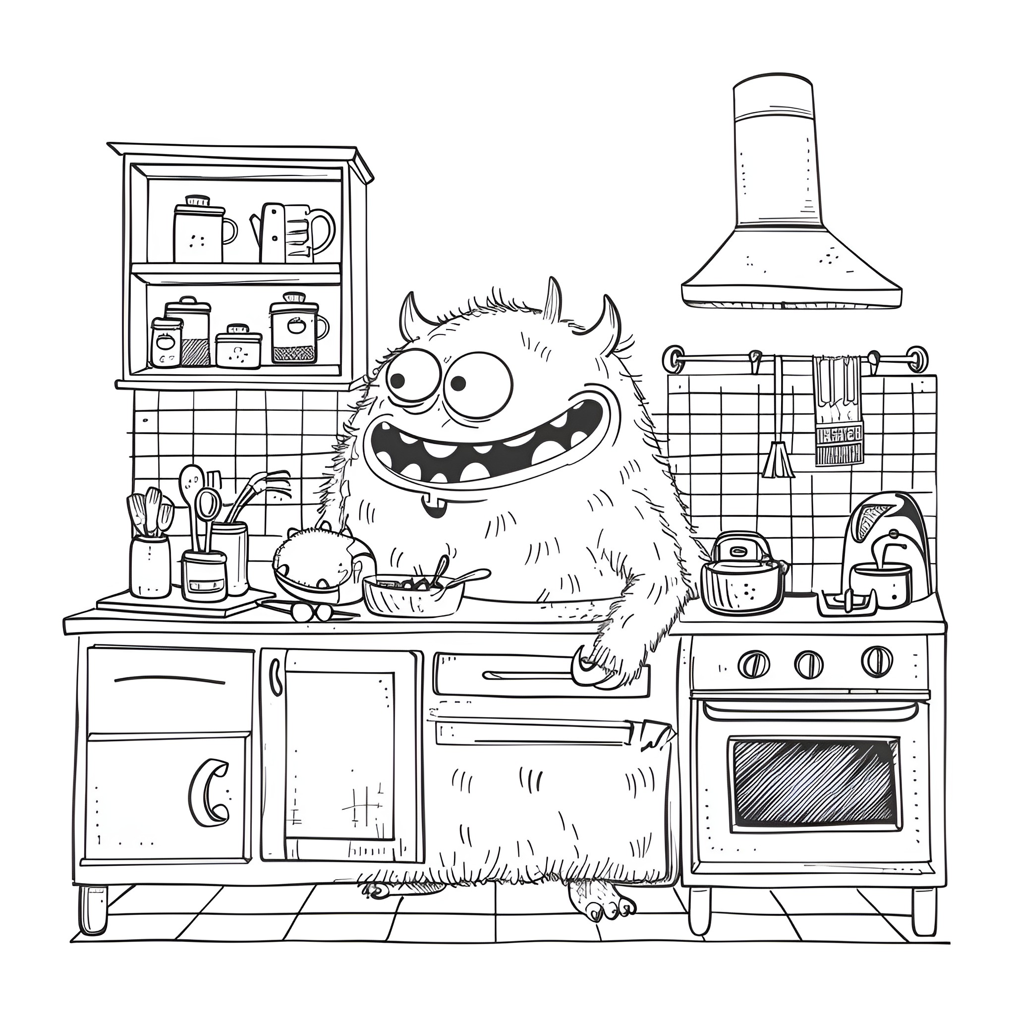 Monster helping in the kitchen Drawing Idea (free black-and-white line drawing printable PDF for all, from beginners to advanced learners, including children, teens, adults, and seniors)