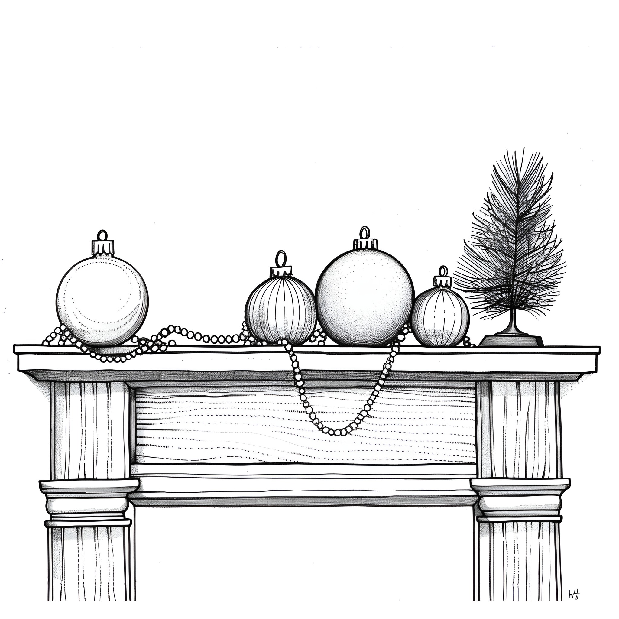 Ornaments displayed on a mantelpiece Drawing Idea (free black-and-white line drawing printable PDF for all, from beginners to advanced learners, including children, teens, adults, and seniors)