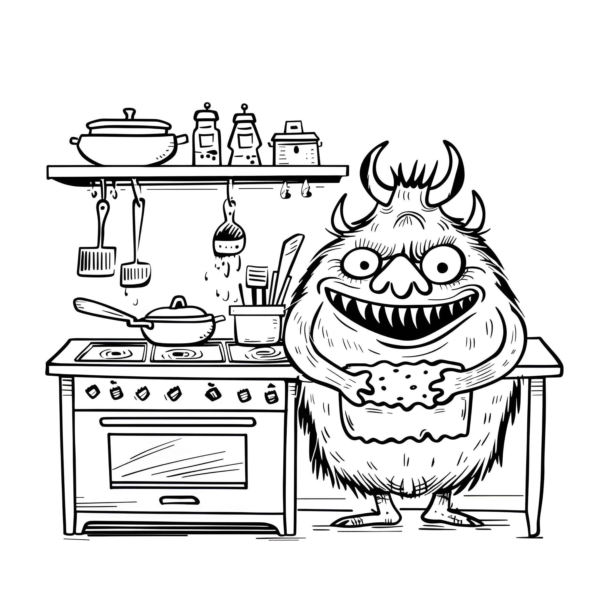 Monster cooking in the kitchen Drawing Idea (free black-and-white line drawing printable PDF for all, from beginners to advanced learners, including children, teens, adults, and seniors)