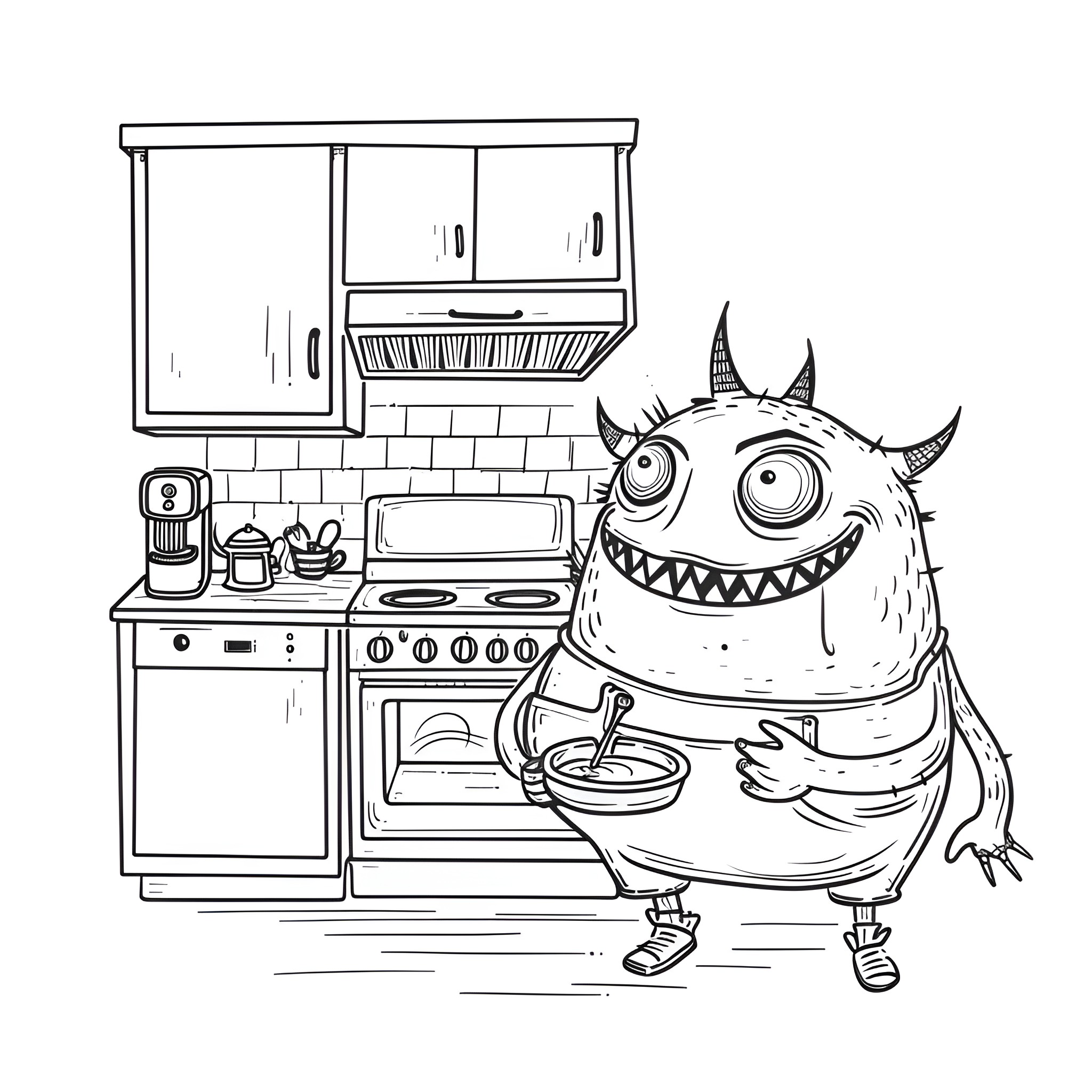 Monster cooking joyfully in kitchen Drawing Idea (free black-and-white line drawing printable PDF for all, from beginners to advanced learners, including children, teens, adults, and seniors)