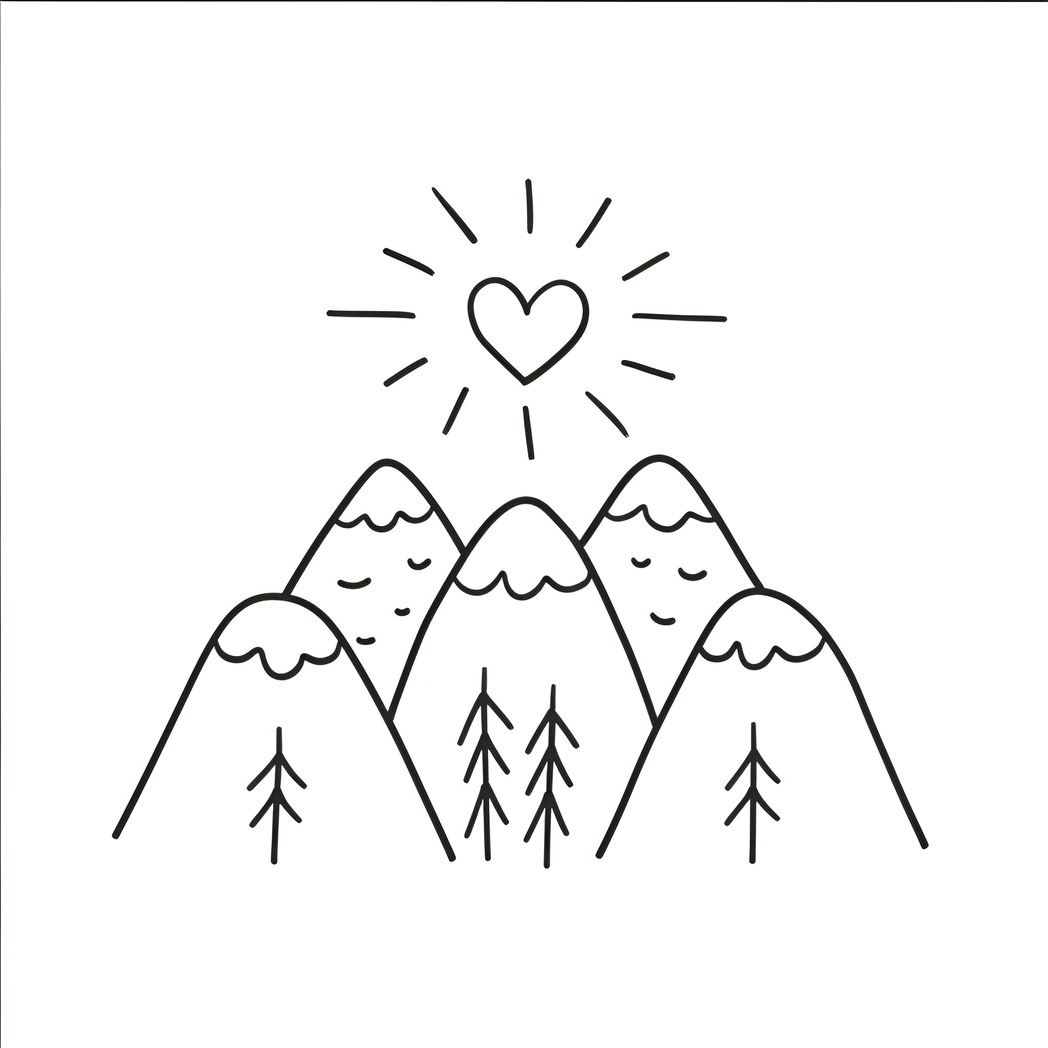 I Love You in the Mountains Drawing Idea (free black-and-white line drawing printable PDF for all, from beginners to advanced learners, including children, teens, adults, and seniors)