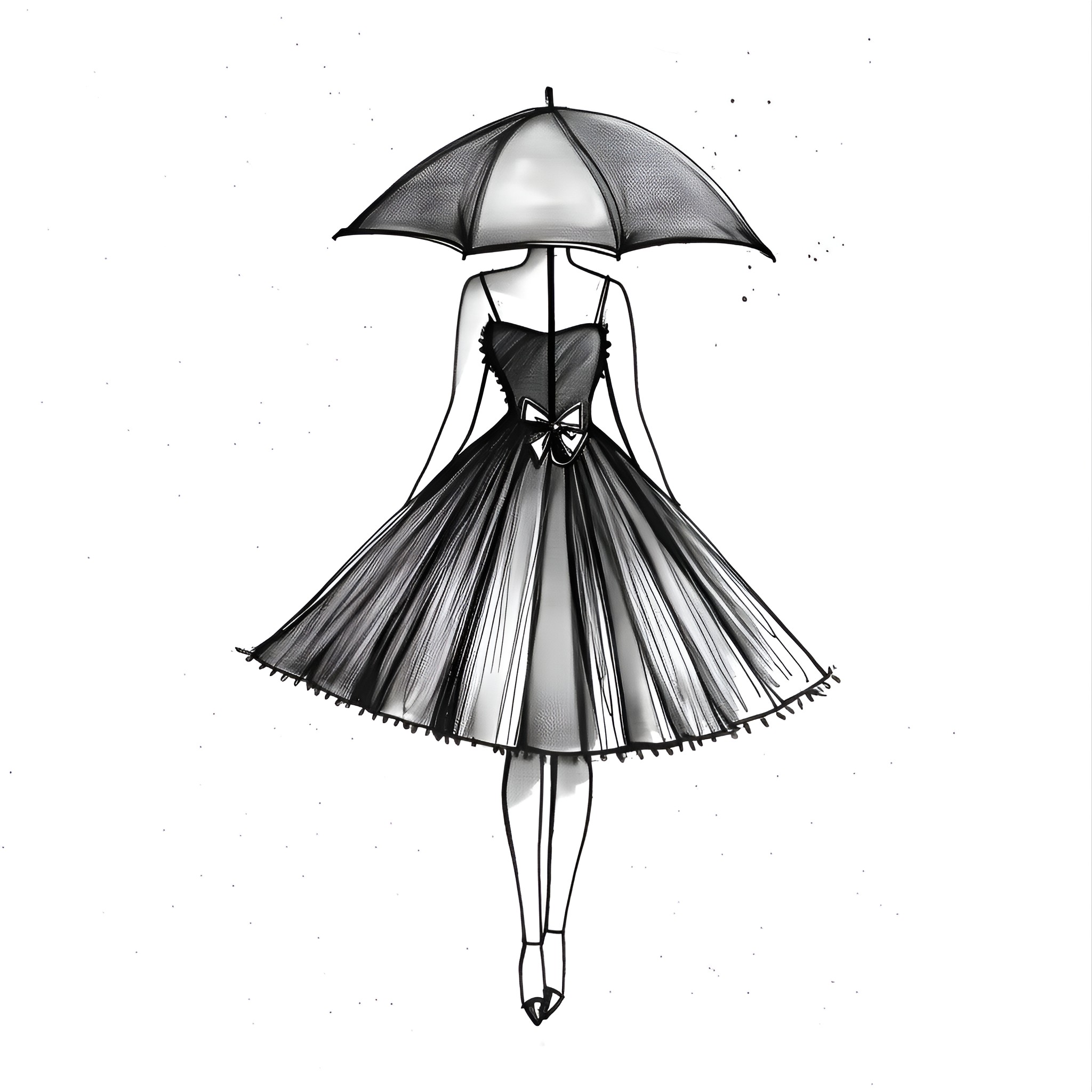 Dress with umbrella and flowing skirt Drawing Idea (free black-and-white line drawing printable PDF for all, from beginners to advanced learners, including children, teens, adults, and seniors)