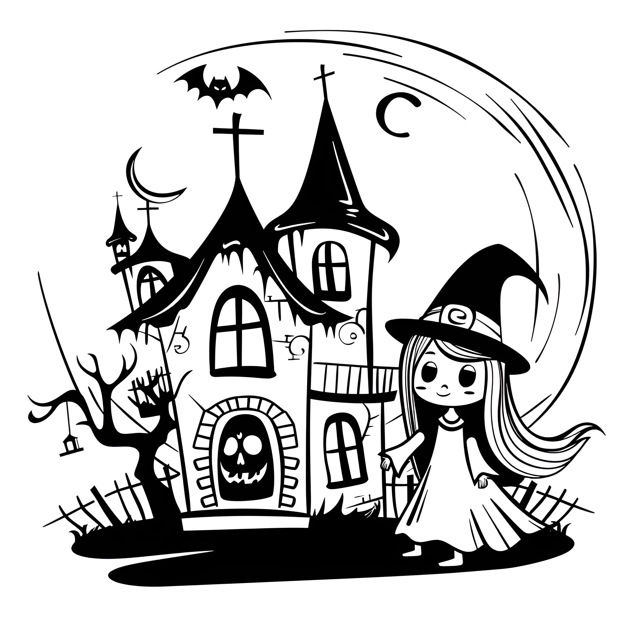 Witch in haunted castle scene Drawing Idea (free black-and-white line drawing printable PDF for all, from beginners to advanced learners, including children, teens, adults, and seniors)