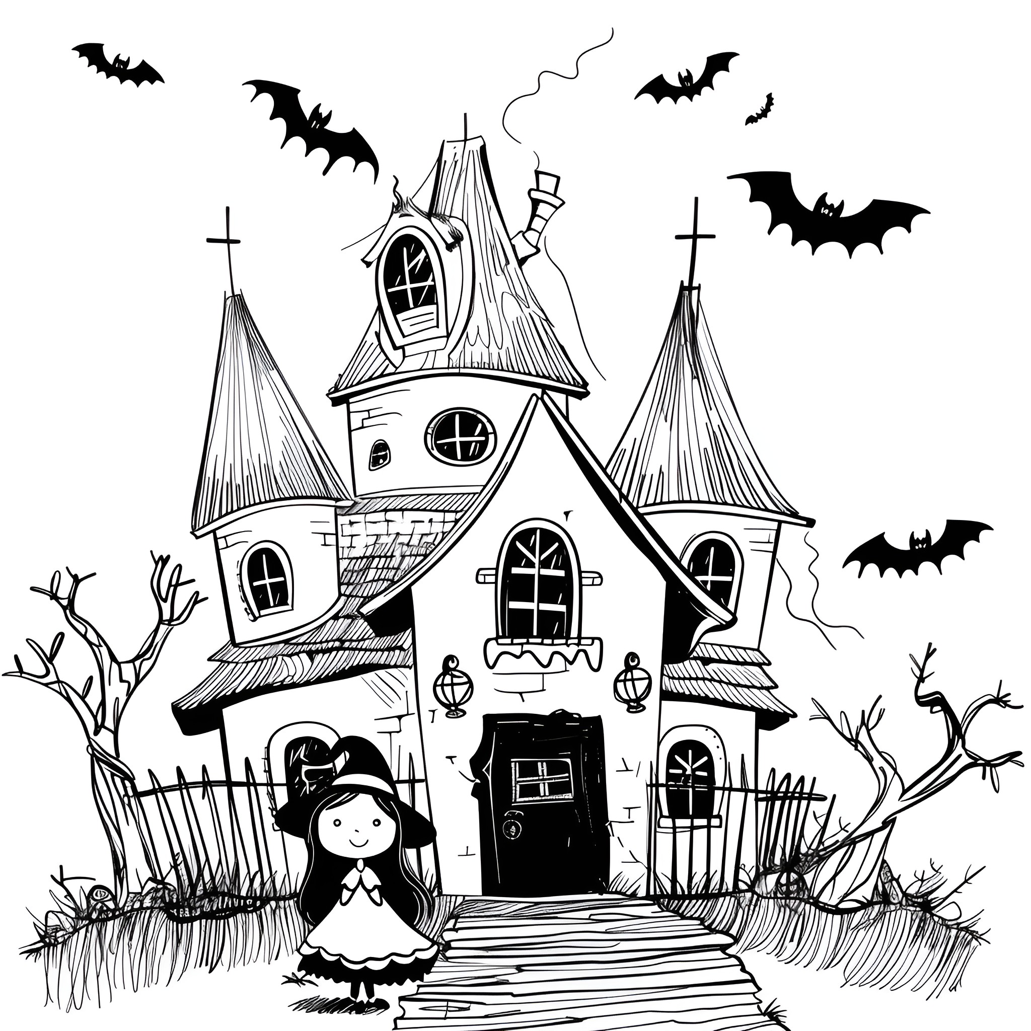 Witch's haunted house with bats Drawing Idea (free black-and-white line drawing printable PDF for all, from beginners to advanced learners, including children, teens, adults, and seniors)