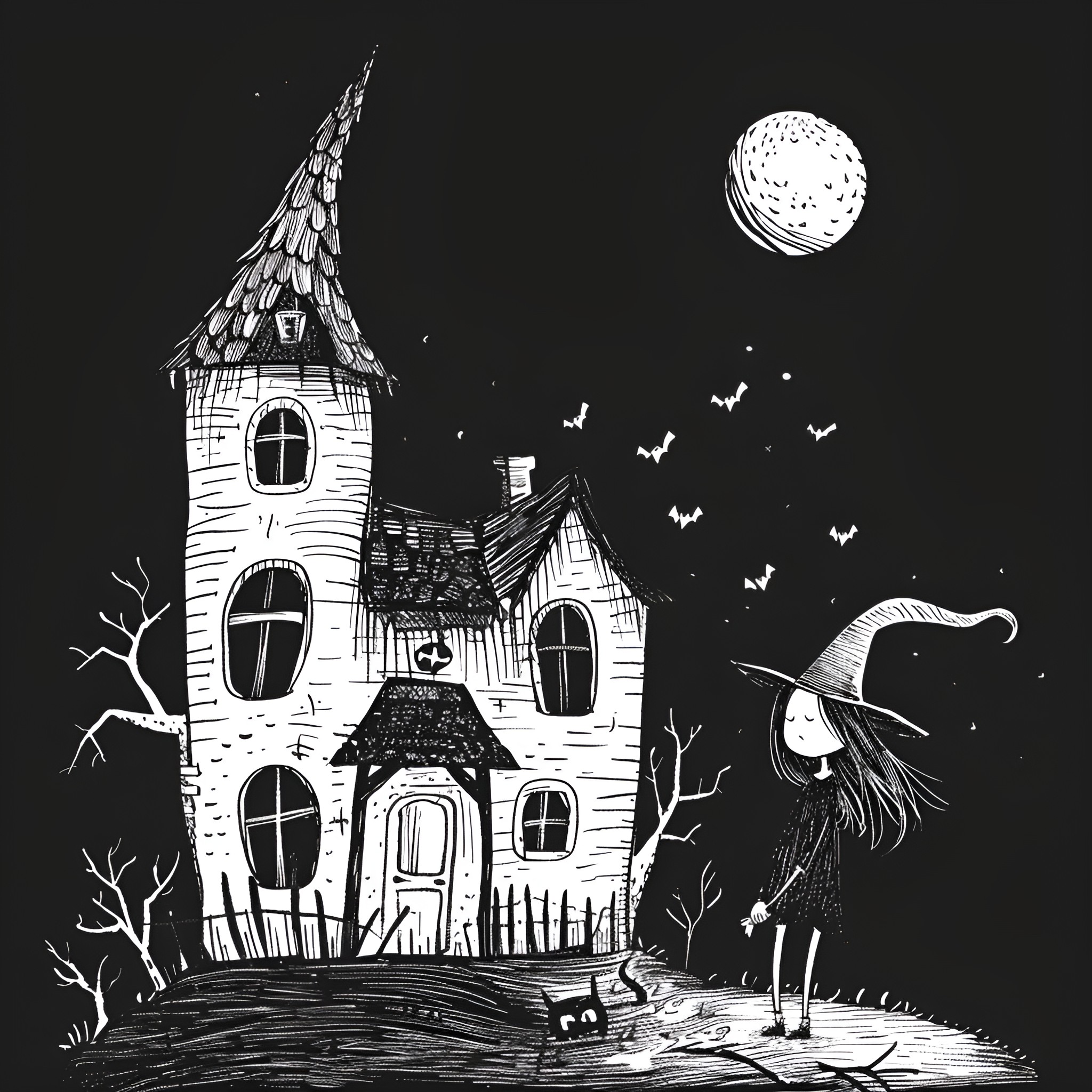 Witch standing before a haunted house at night Drawing Idea (free black-and-white line drawing printable PDF for all, from beginners to advanced learners, including children, teens, adults, and seniors)