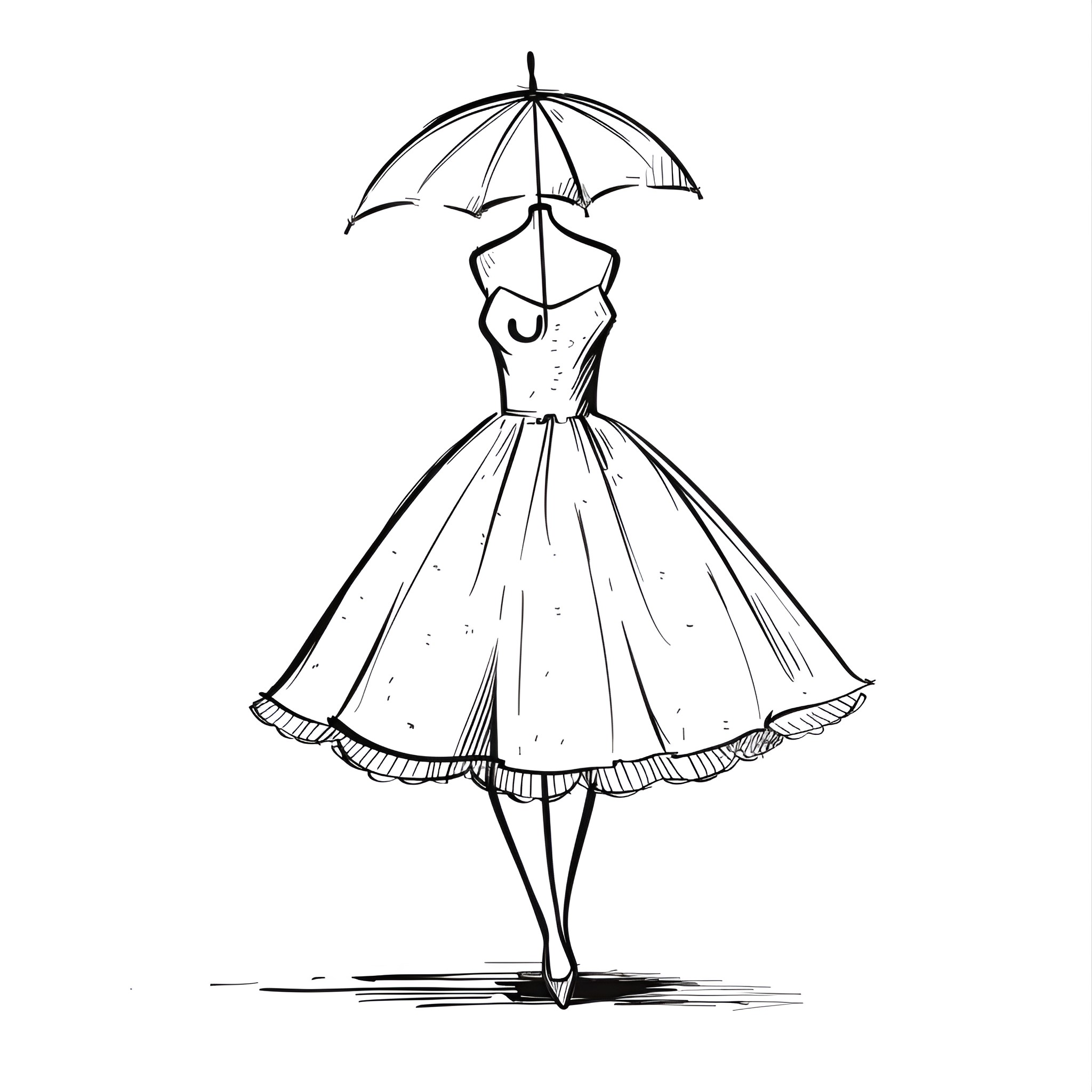 Dress with umbrella silhouette Drawing Idea (free black-and-white line drawing printable PDF for all, from beginners to advanced learners, including children, teens, adults, and seniors)
