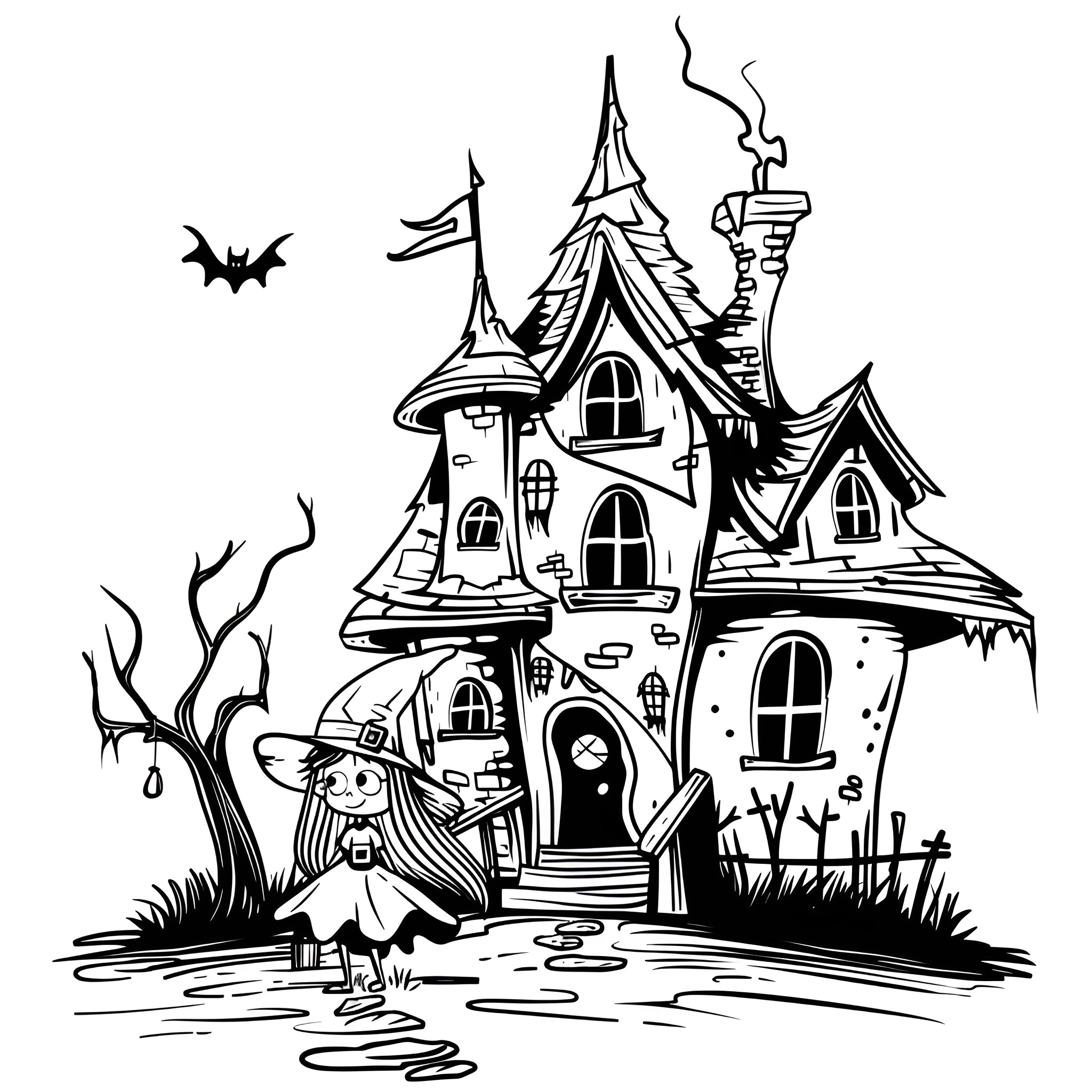Witch in a spooky haunted house Drawing Idea (free black-and-white line drawing printable PDF for all, from beginners to advanced learners, including children, teens, adults, and seniors)
