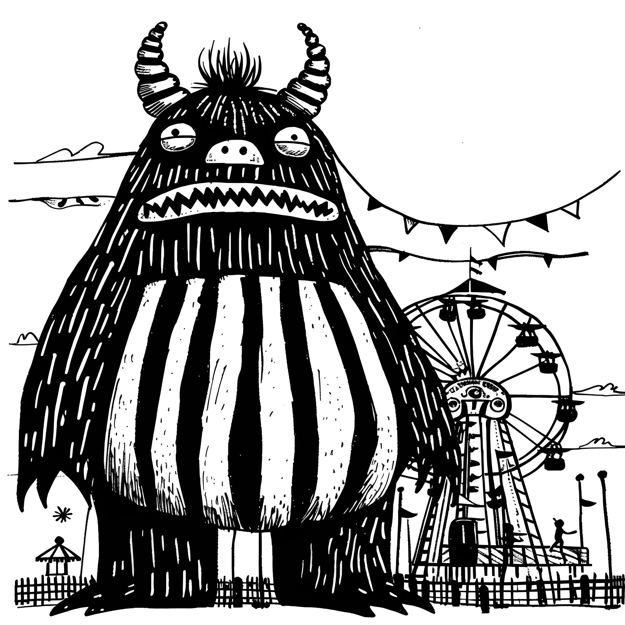 Monster carnival spooky ride Drawing Idea (free black-and-white line drawing printable PDF for all, from beginners to advanced learners, including children, teens, adults, and seniors)