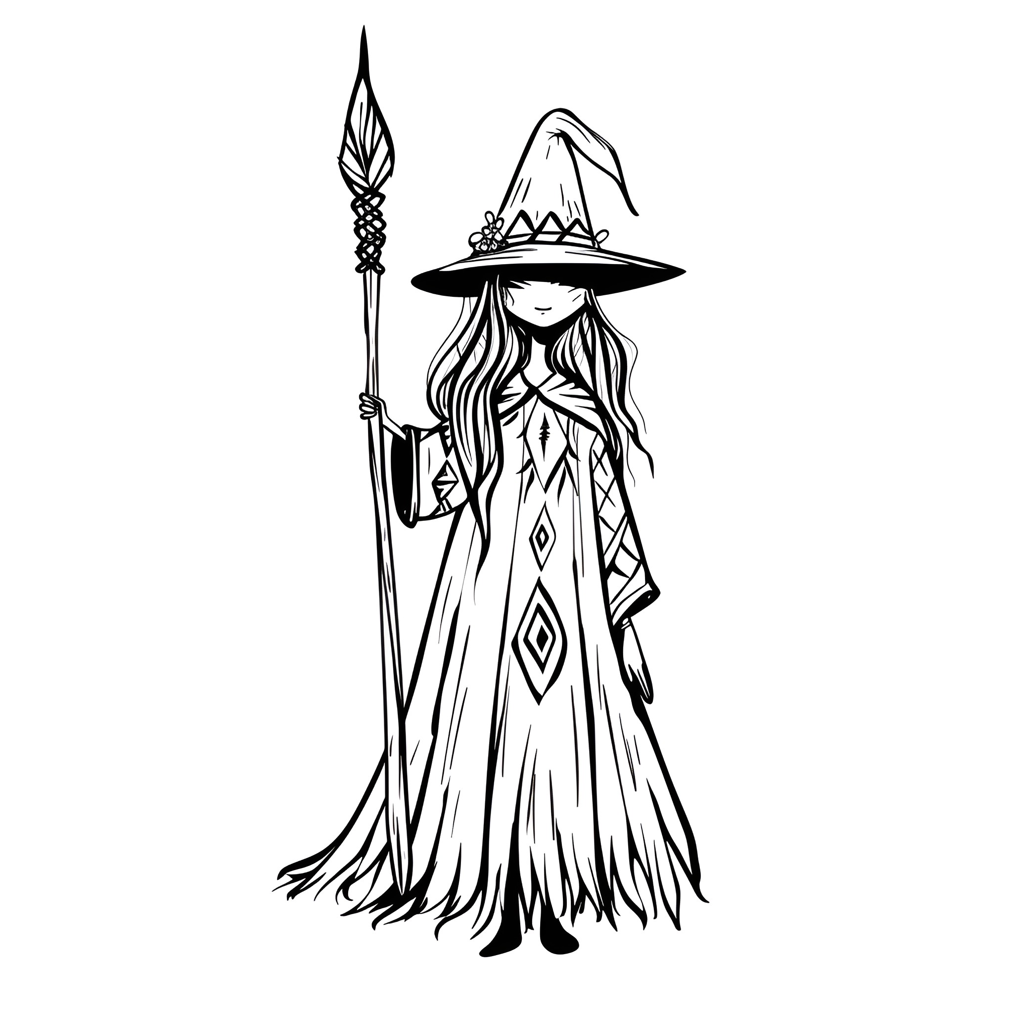 Witch with Mysterious Staff and Flowing Robe Drawing Idea (free black-and-white line drawing printable PDF for all, from beginners to advanced learners, including children, teens, adults, and seniors)