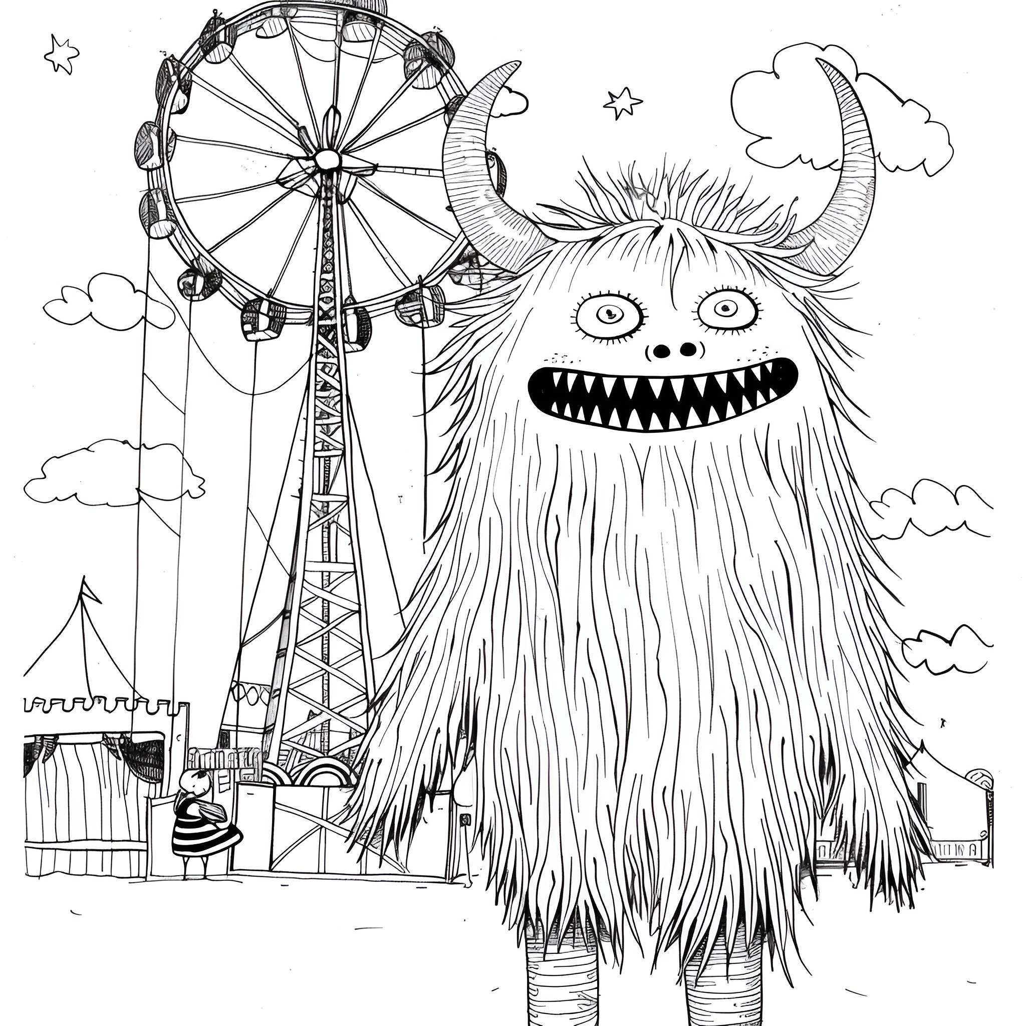 Monster at the Carnival Drawing Idea (free black-and-white line drawing printable PDF for all, from beginners to advanced learners, including children, teens, adults, and seniors)