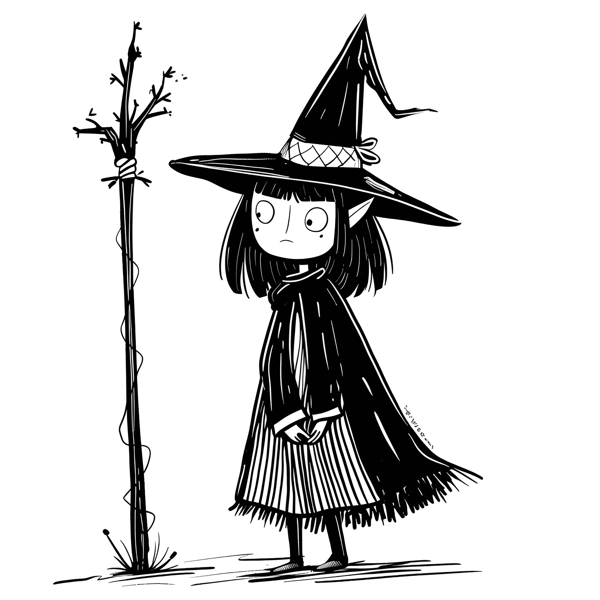 Witch casting a spell with her wand Drawing Idea (free black-and-white line drawing printable PDF for all, from beginners to advanced learners, including children, teens, adults, and seniors)