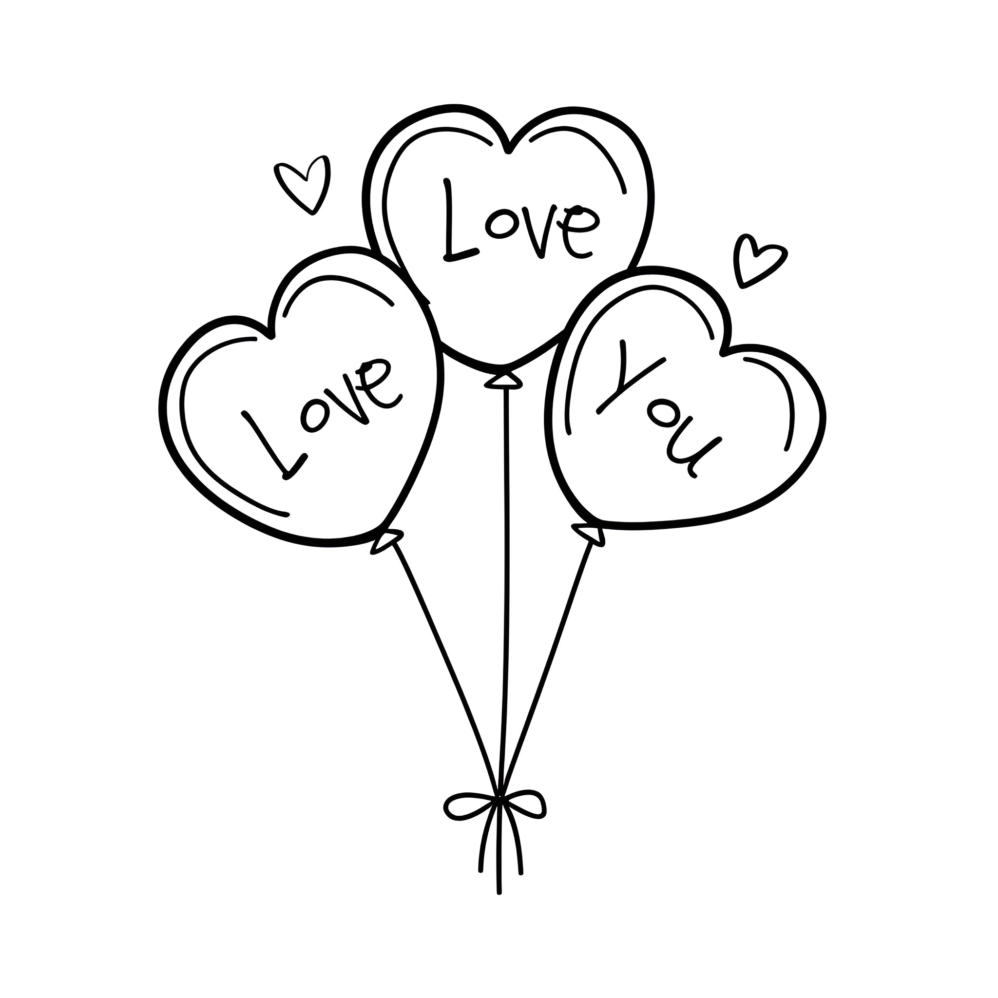 I Love You Balloons Drawing Idea (free black-and-white line drawing printable PDF for all, from beginners to advanced learners, including children, teens, adults, and seniors)