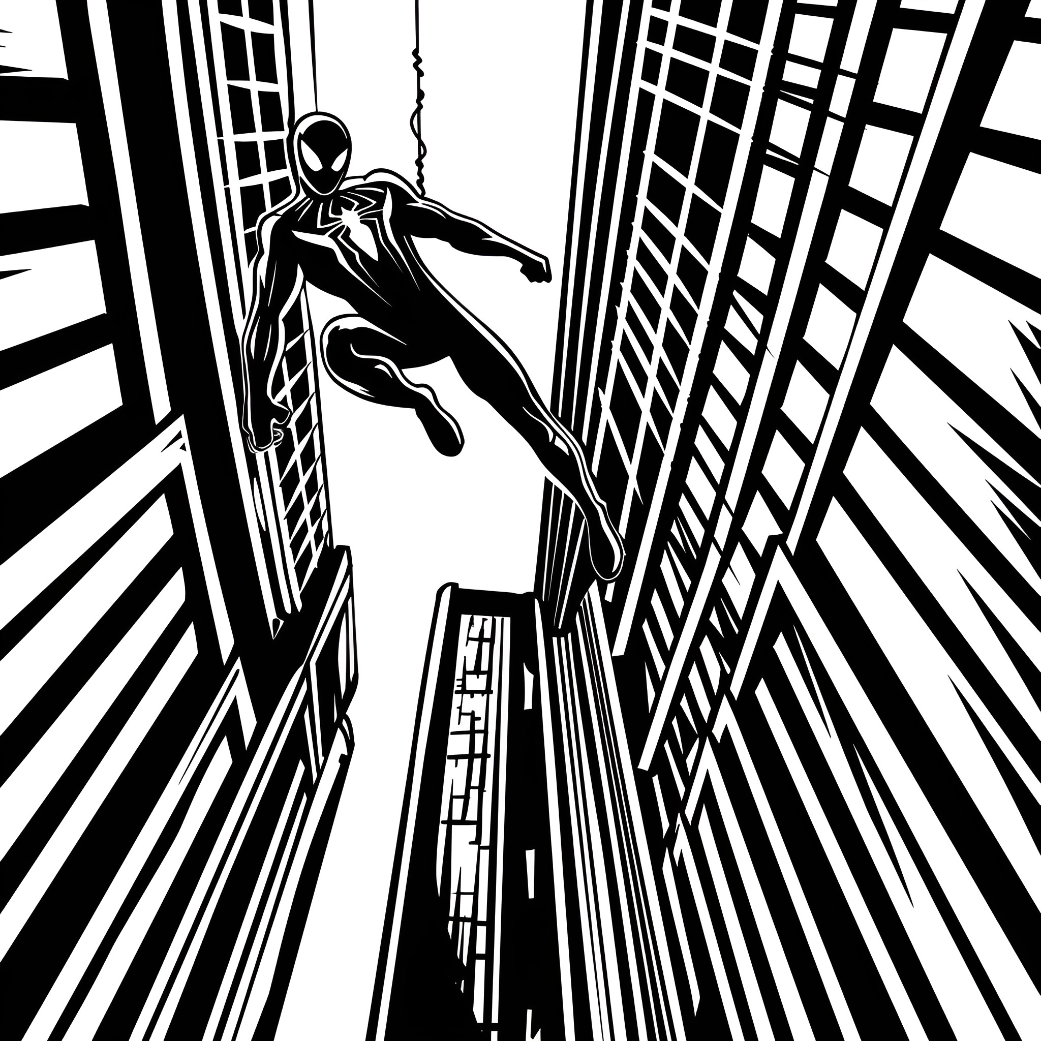 Spider-Man swinging through the city skyline Drawing Idea (free black-and-white line drawing printable PDF for all, from beginners to advanced learners, including children, teens, adults, and seniors)