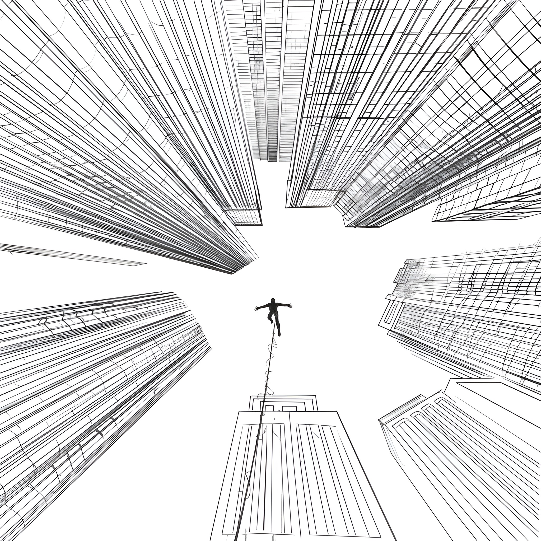 Spider-Man swinging through the city skyline Drawing Idea (free black-and-white line drawing printable PDF for all, from beginners to advanced learners, including children, teens, adults, and seniors)