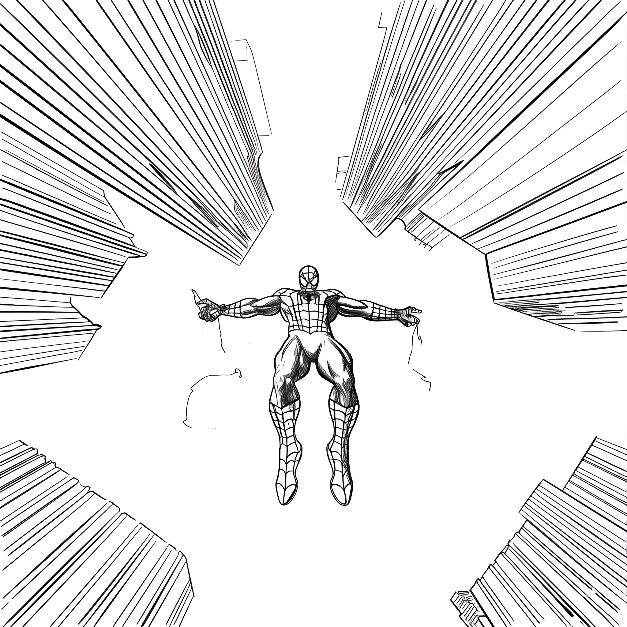 Spider-Man in the city Drawing Idea (free black-and-white line drawing printable PDF for all, from beginners to advanced learners, including children, teens, adults, and seniors)