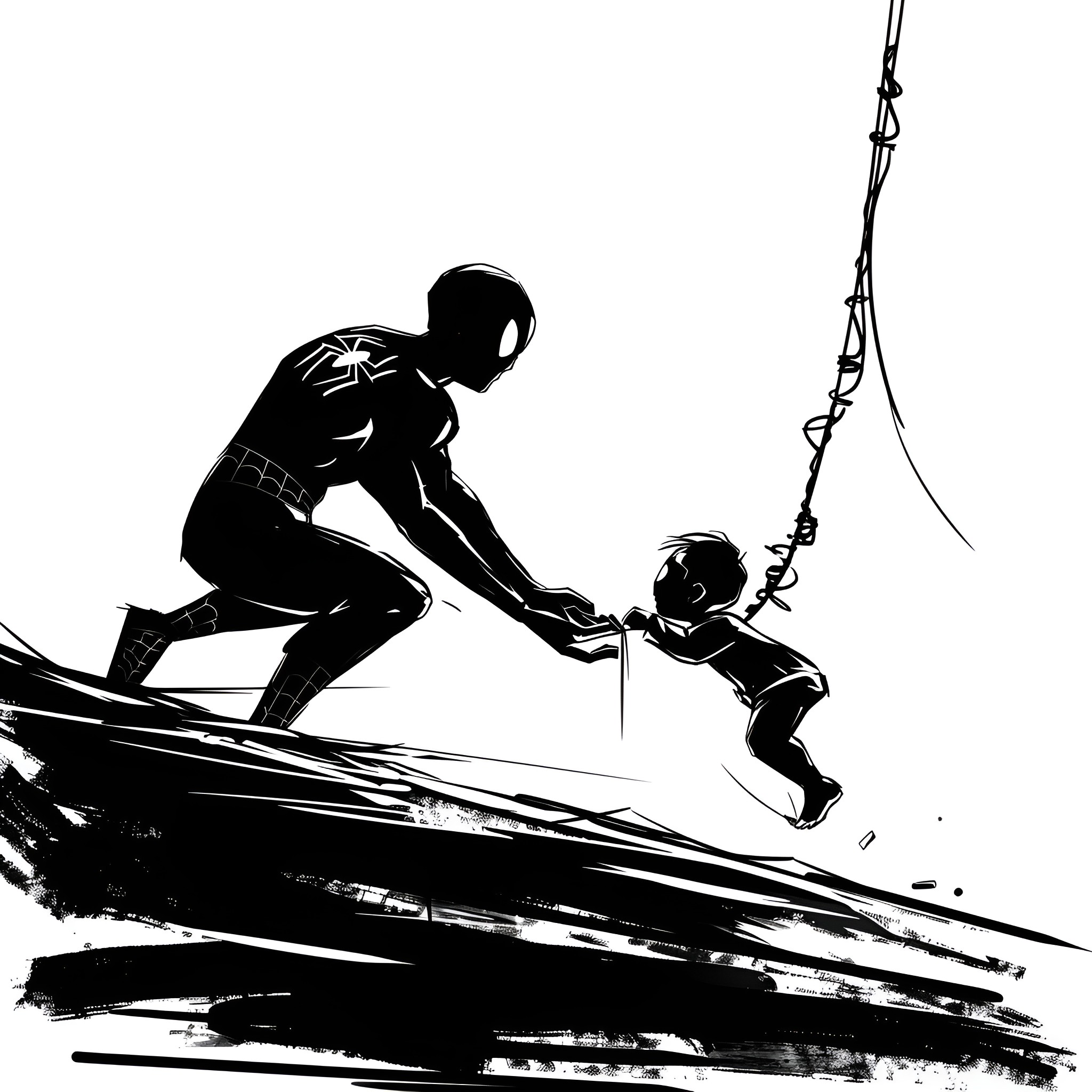 Spider-Man saving a child from danger Drawing Idea (free black-and-white line drawing printable PDF for all, from beginners to advanced learners, including children, teens, adults, and seniors)