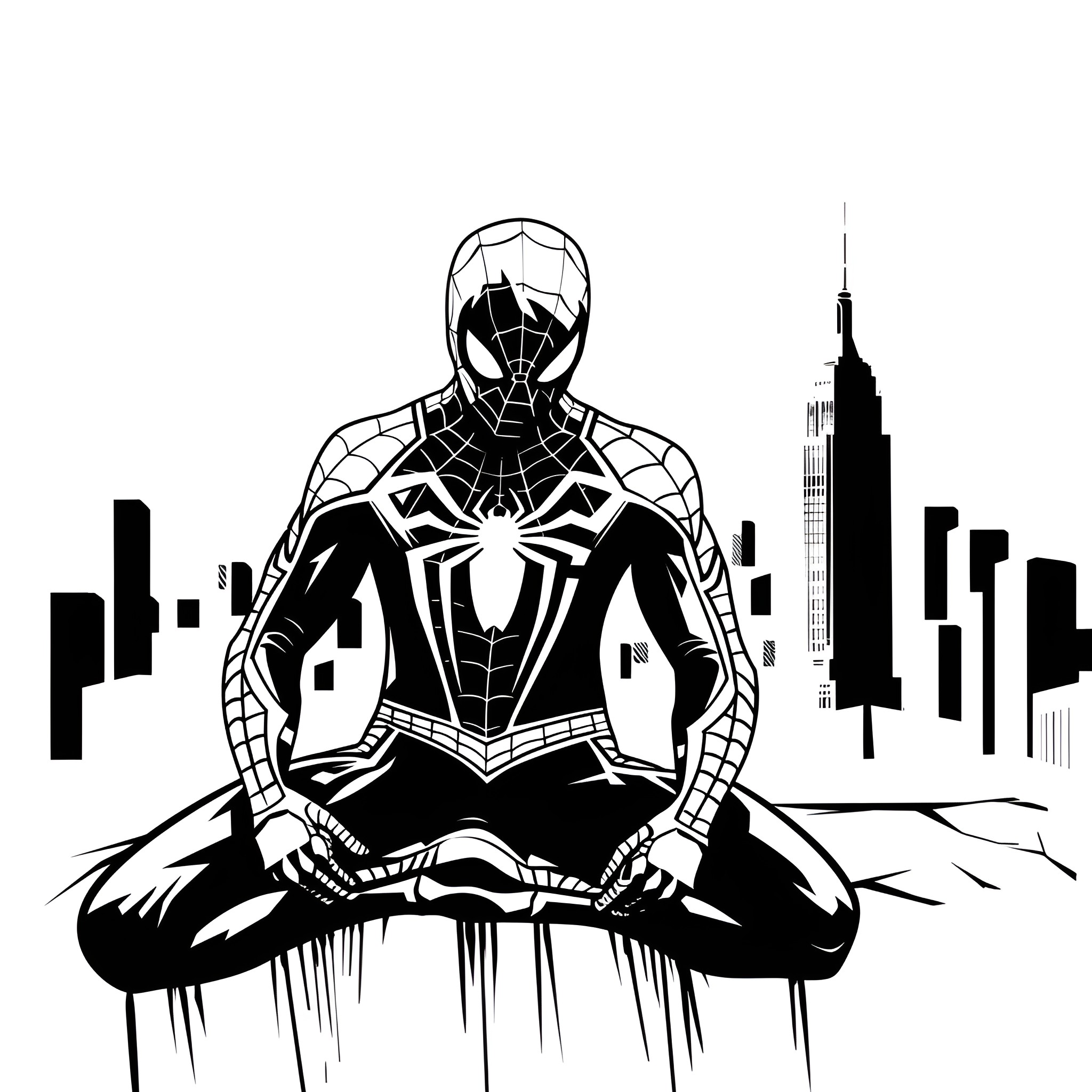 Spider-Man crouching before cityscape Drawing Idea (free black-and-white line drawing printable PDF for all, from beginners to advanced learners, including children, teens, adults, and seniors)
