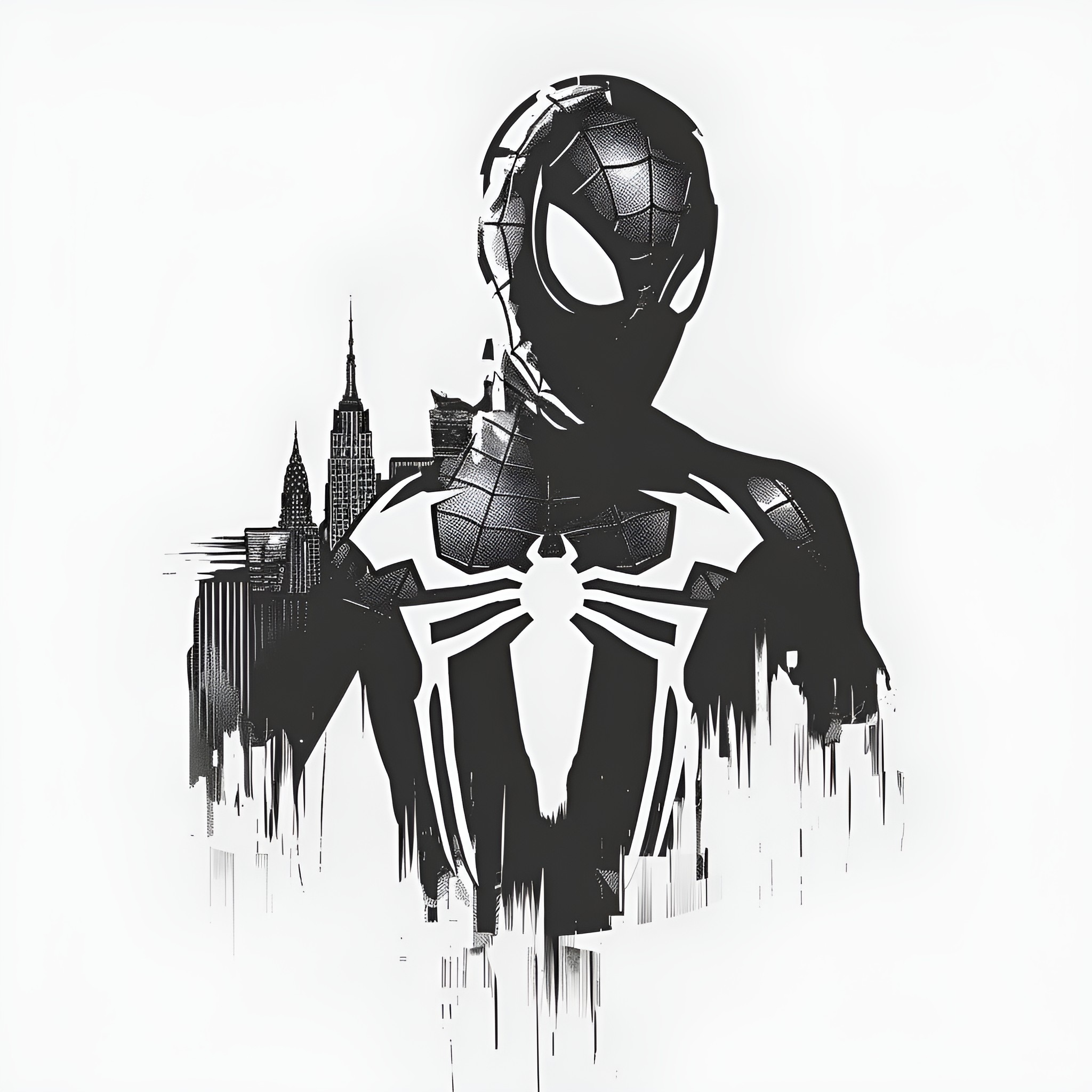 Spider-Man silhouette over cityscape Drawing Idea (free black-and-white line drawing printable PDF for all, from beginners to advanced learners, including children, teens, adults, and seniors)
