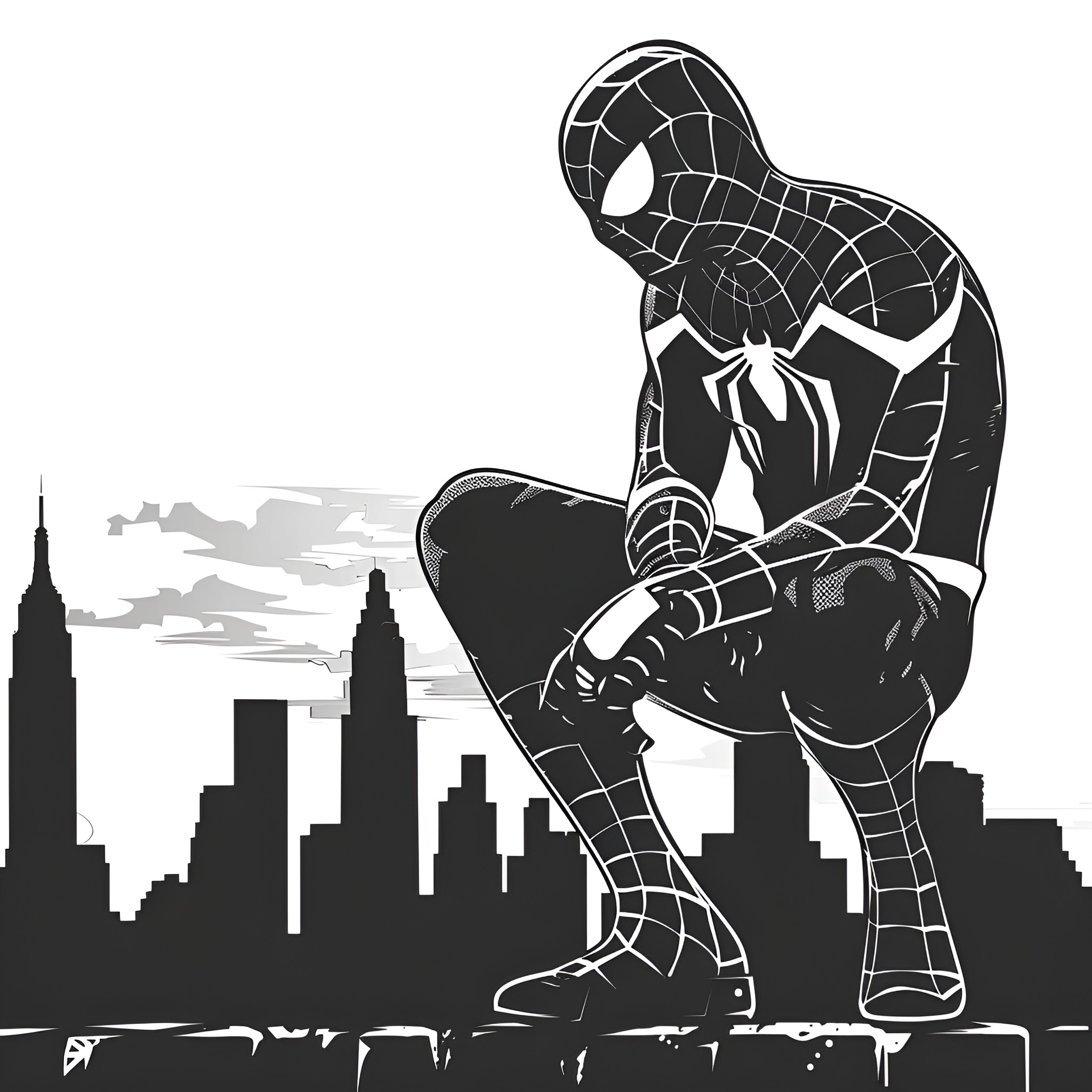 Spider-Man silhouetted against city skyline Drawing Idea (free black-and-white line drawing printable PDF for all, from beginners to advanced learners, including children, teens, adults, and seniors)