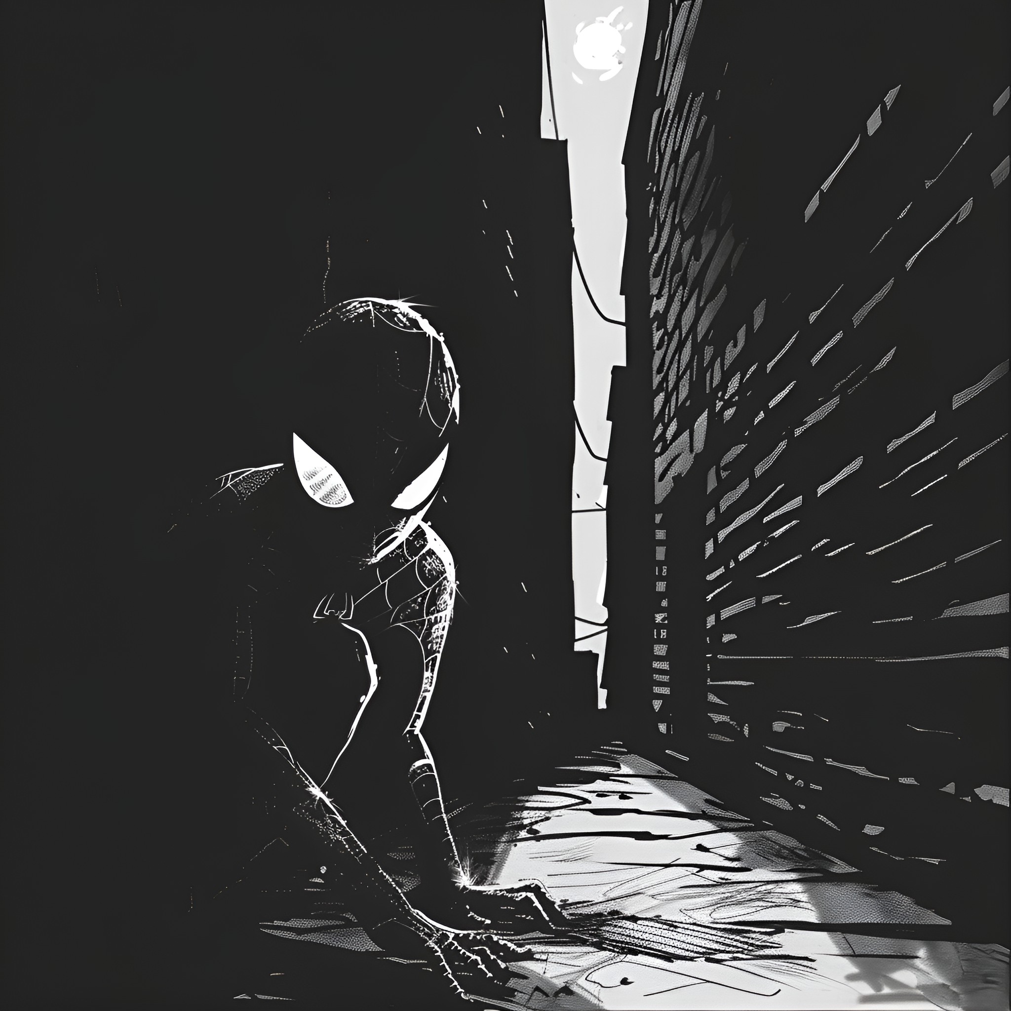 Spider-Man sneaking through dark alleys Drawing Idea (free black-and-white line drawing printable PDF for all, from beginners to advanced learners, including children, teens, adults, and seniors)