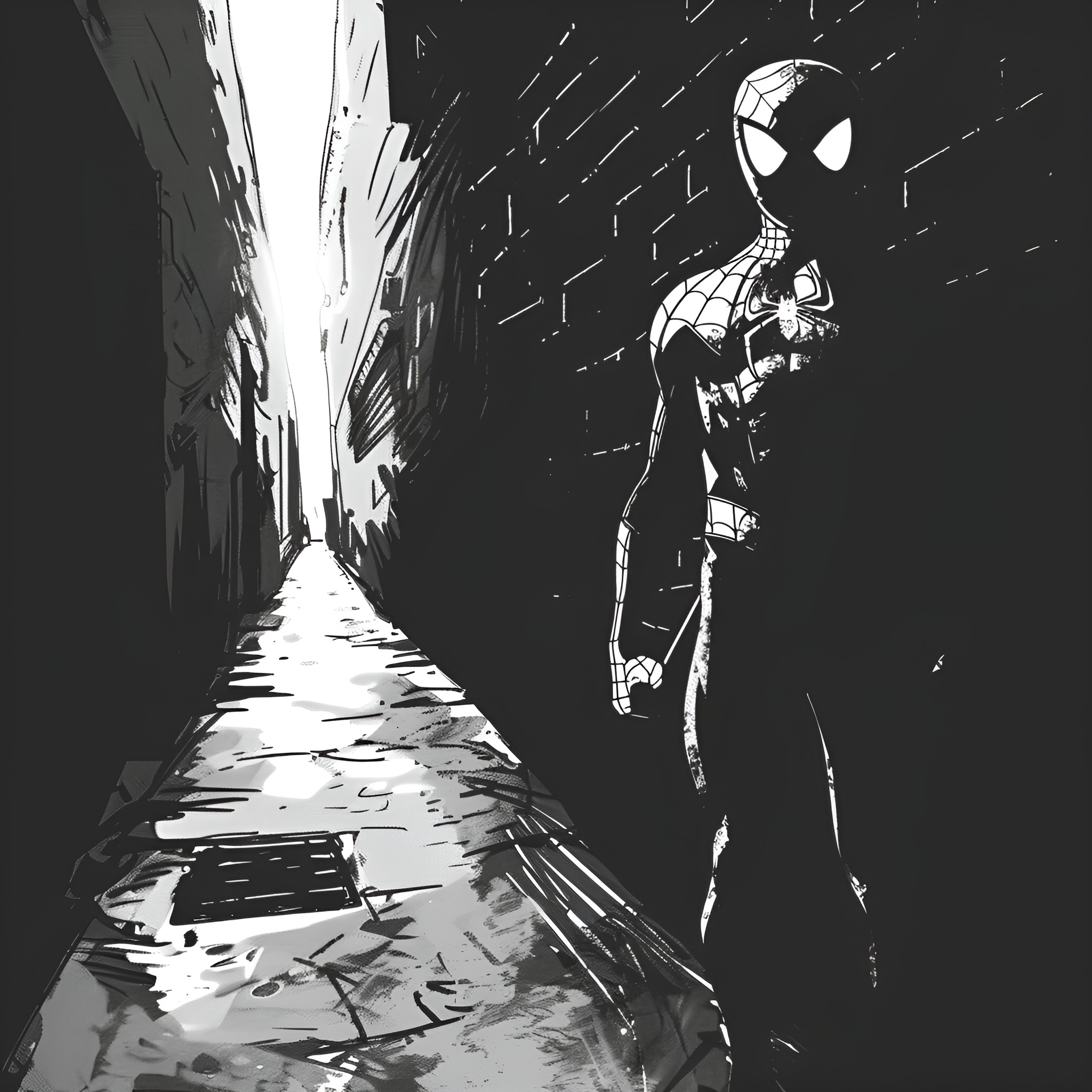 Spider-Man stalking down a dark alleyway Drawing Idea (free black-and-white line drawing printable PDF for all, from beginners to advanced learners, including children, teens, adults, and seniors)