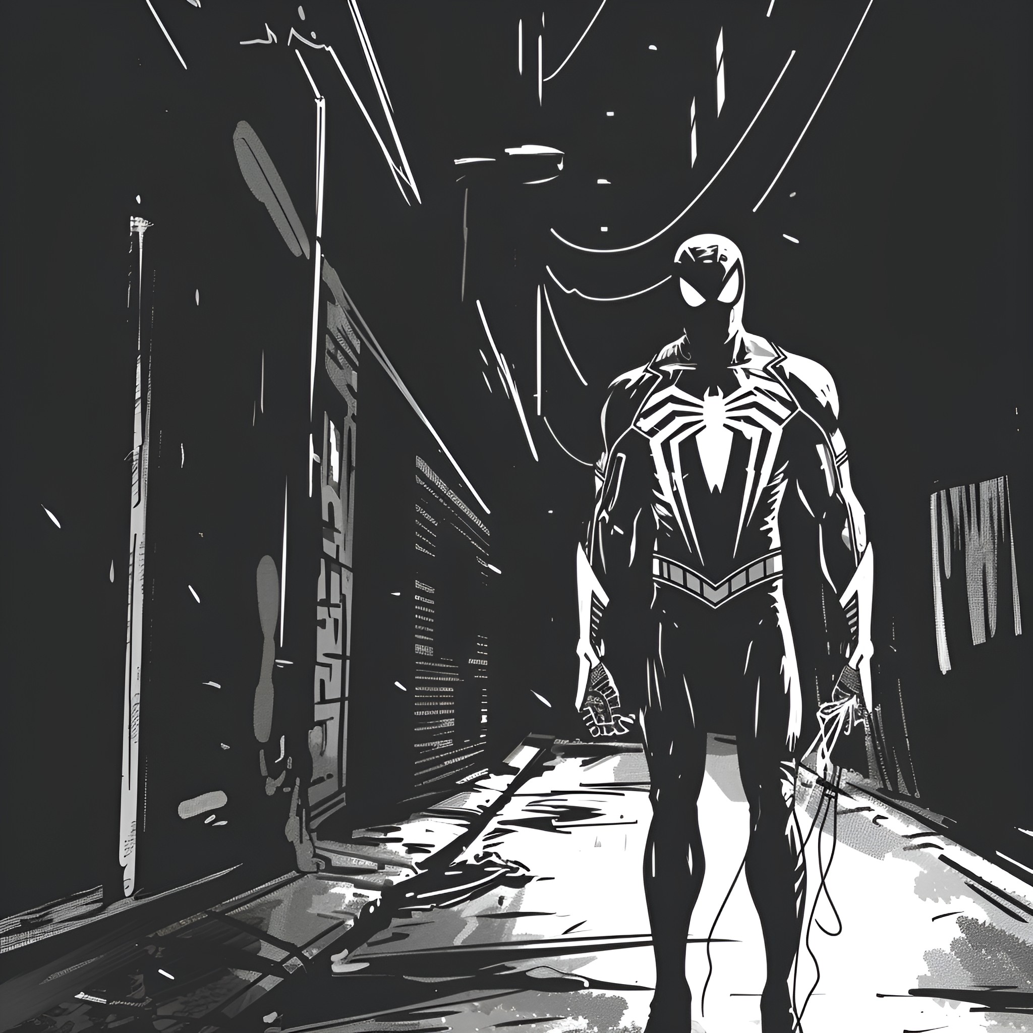 Spider-Man in the dark alley Drawing Idea (free black-and-white line drawing printable PDF for all, from beginners to advanced learners, including children, teens, adults, and seniors)