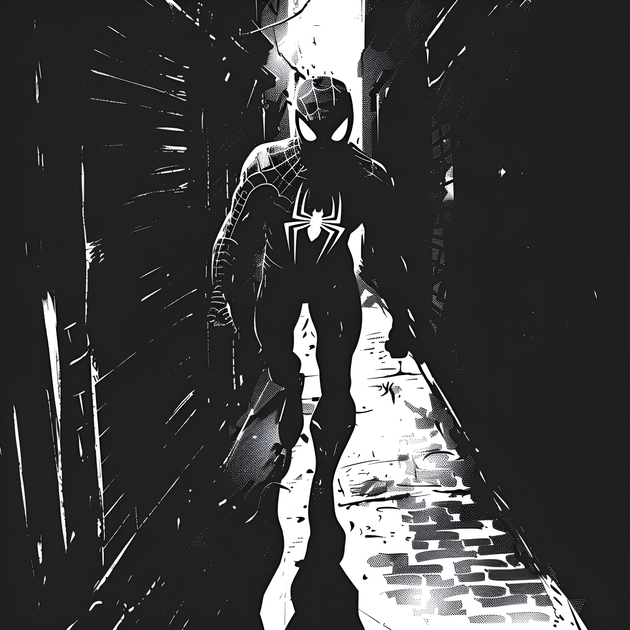 Spider-Man walking through dark alleyway Drawing Idea (free black-and-white line drawing printable PDF for all, from beginners to advanced learners, including children, teens, adults, and seniors)