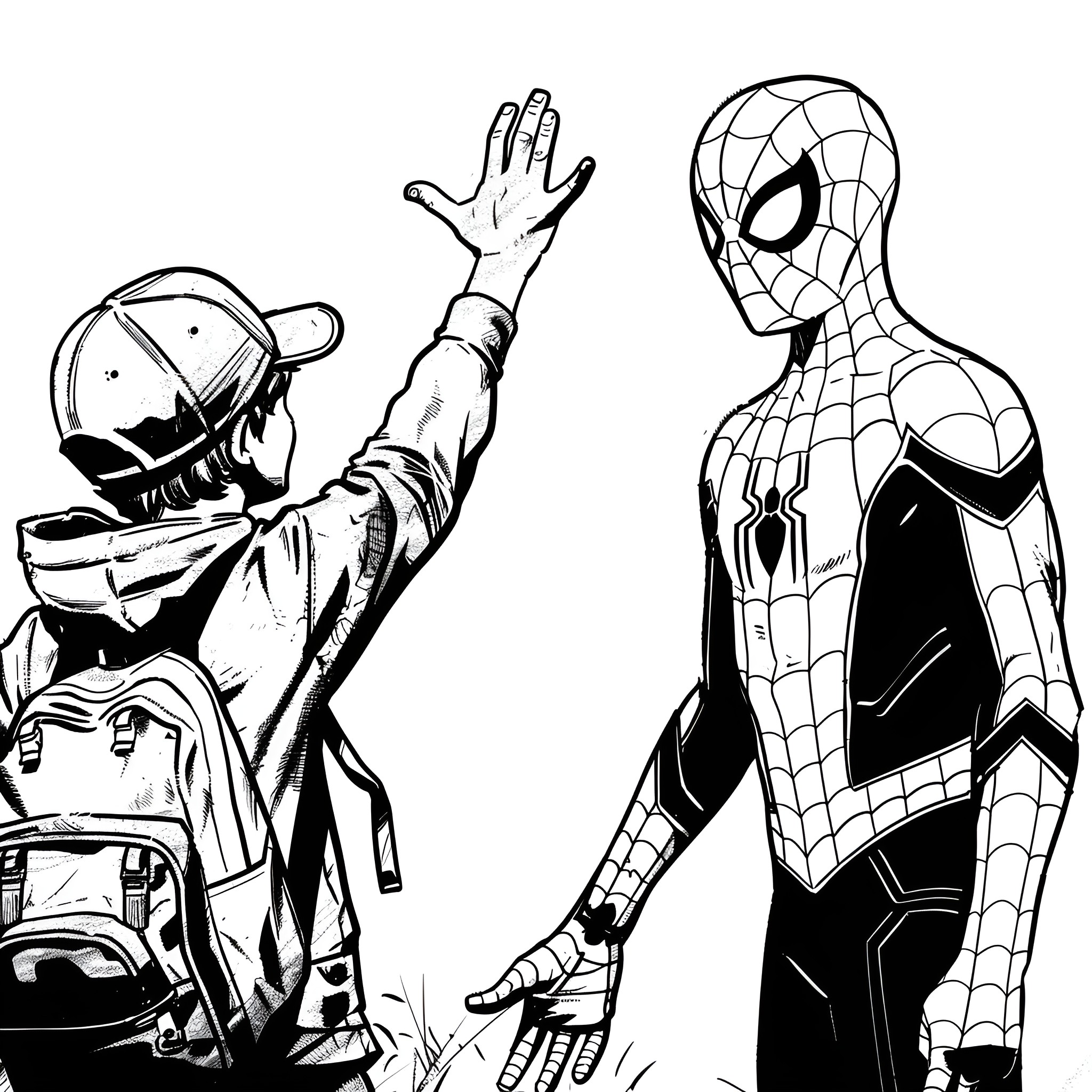 Spider-Man meeting a fan Drawing Idea (free black-and-white line drawing printable PDF for all, from beginners to advanced learners, including children, teens, adults, and seniors)