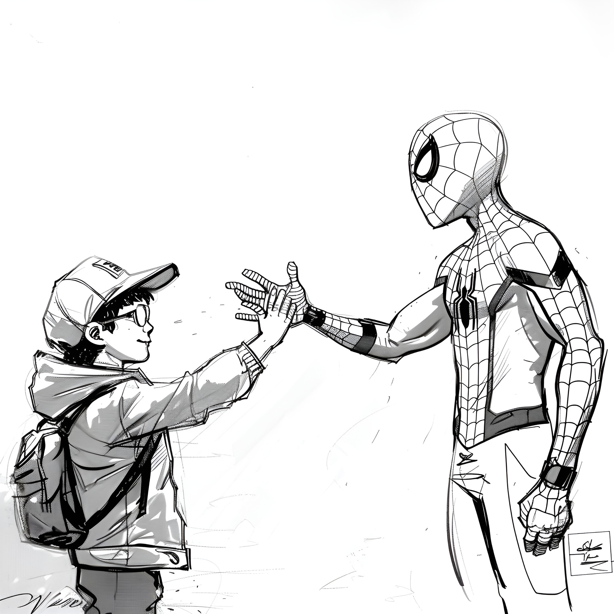 Spider-Man meeting a fan Drawing Idea (free black-and-white line drawing printable PDF for all, from beginners to advanced learners, including children, teens, adults, and seniors)