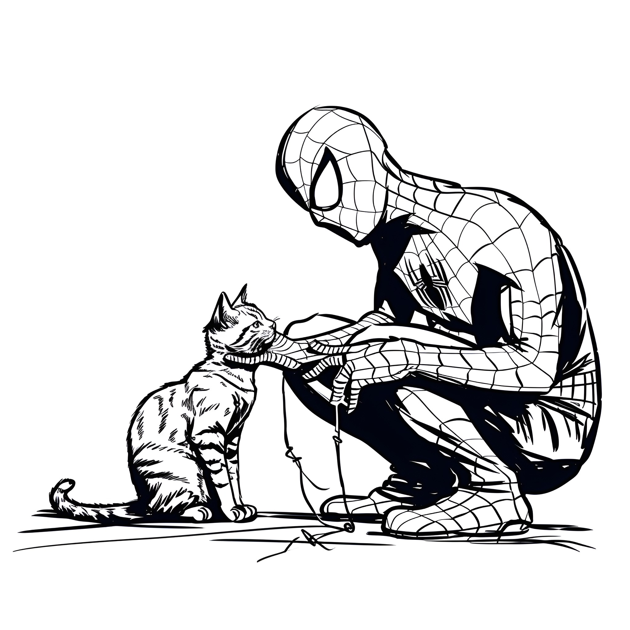 Spider-Man comforting a cat Drawing Idea (free black-and-white line drawing printable PDF for all, from beginners to advanced learners, including children, teens, adults, and seniors)