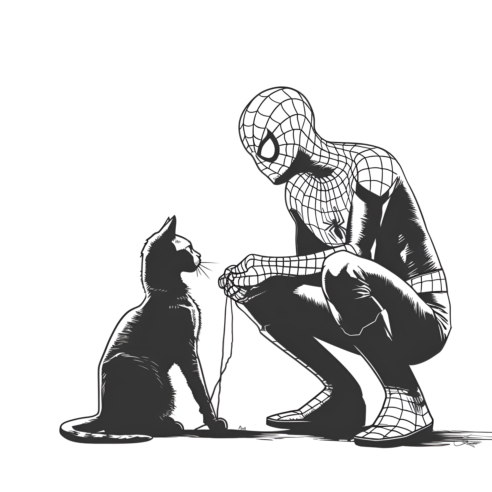 Spider-Man comforting a black cat Drawing Idea (free black-and-white line drawing printable PDF for all, from beginners to advanced learners, including children, teens, adults, and seniors)