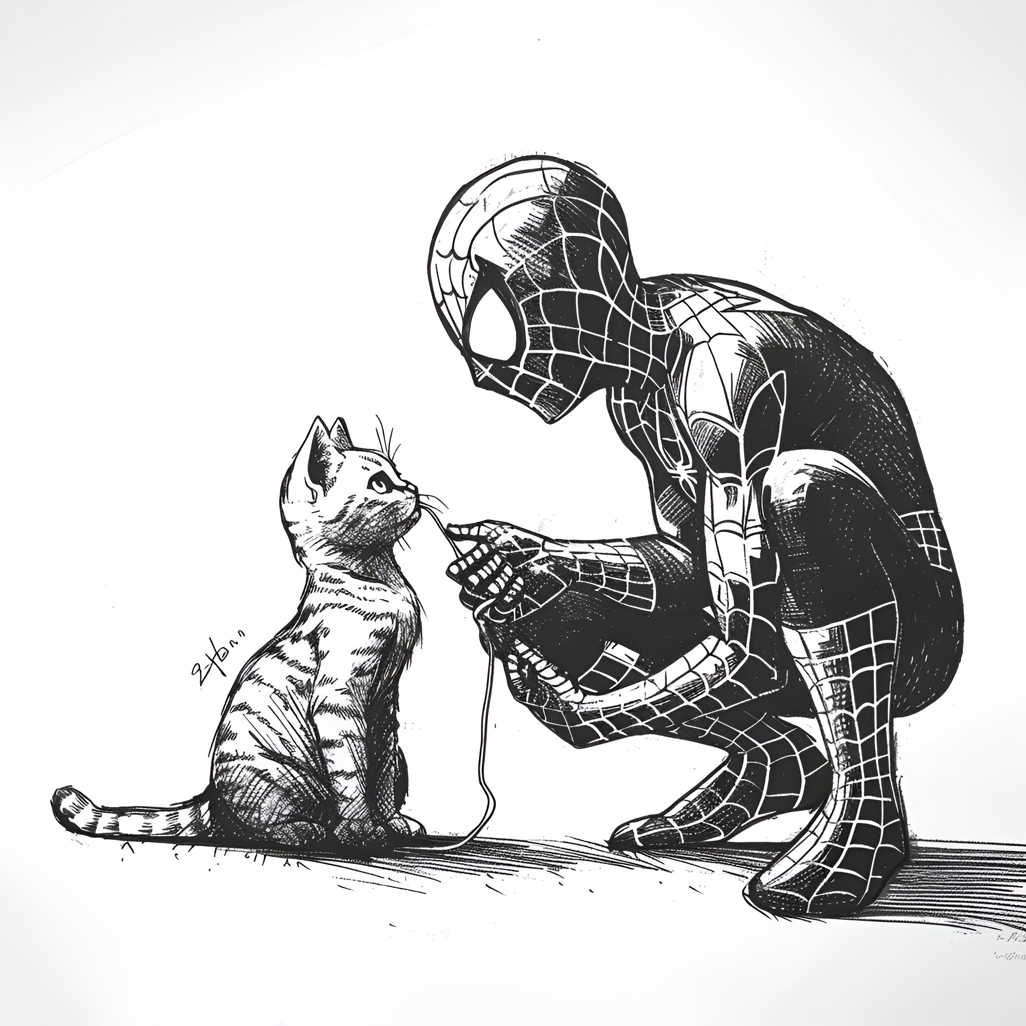 Spider-Man interacting with a cat Drawing Idea (free black-and-white line drawing printable PDF for all, from beginners to advanced learners, including children, teens, adults, and seniors)