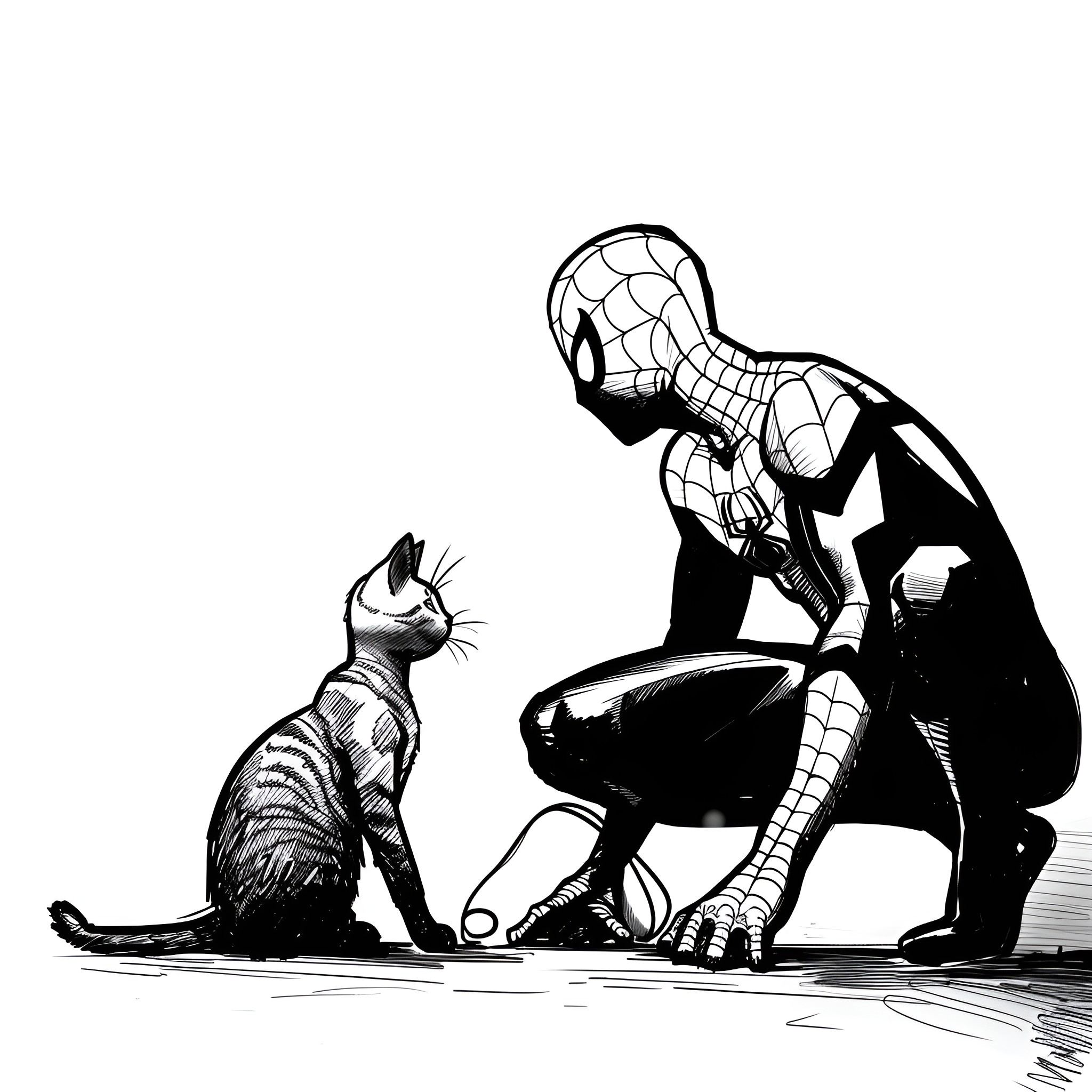 Spider-Man confronting a feline companion Drawing Idea (free black-and-white line drawing printable PDF for all, from beginners to advanced learners, including children, teens, adults, and seniors)
