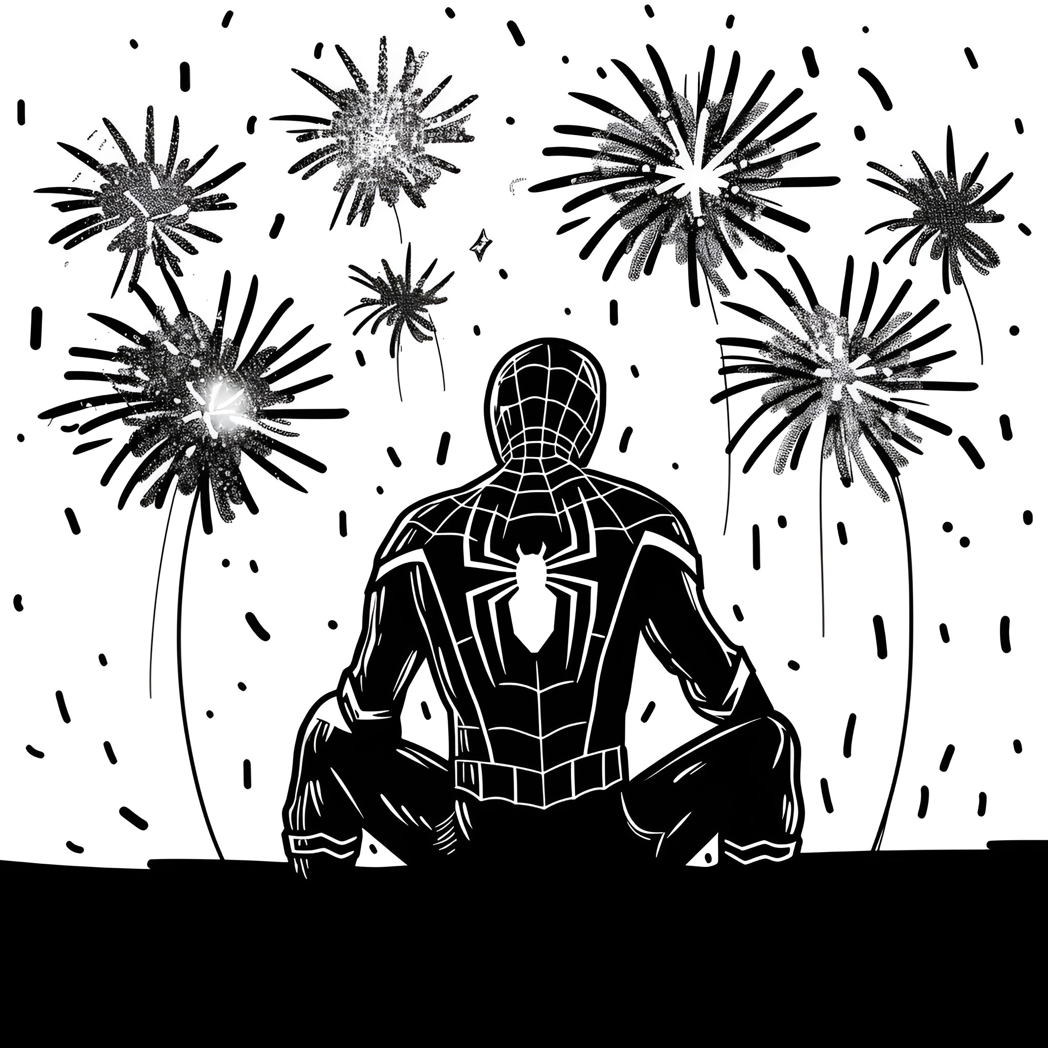 Spider-Man marvels at exploding fireworks Drawing Idea (free black-and-white line drawing printable PDF for all, from beginners to advanced learners, including children, teens, adults, and seniors)