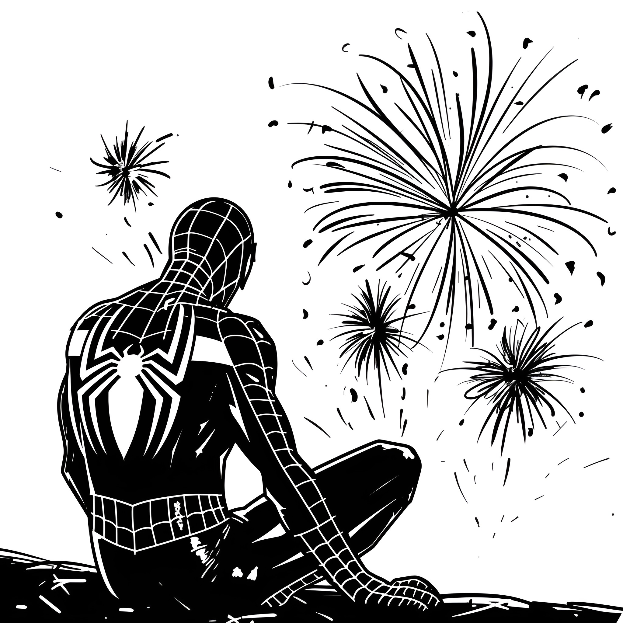 Spider-Man watching fireworks display Drawing Idea (free black-and-white line drawing printable PDF for all, from beginners to advanced learners, including children, teens, adults, and seniors)