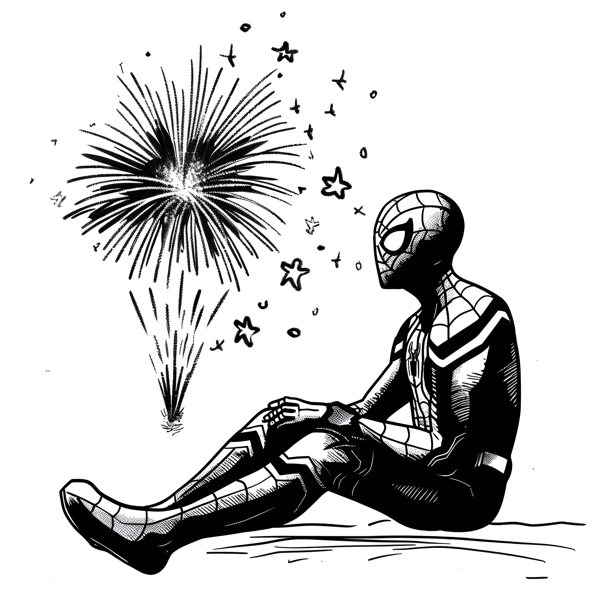 Spider-Man watching fireworks display Drawing Idea (free black-and-white line drawing printable PDF for all, from beginners to advanced learners, including children, teens, adults, and seniors)