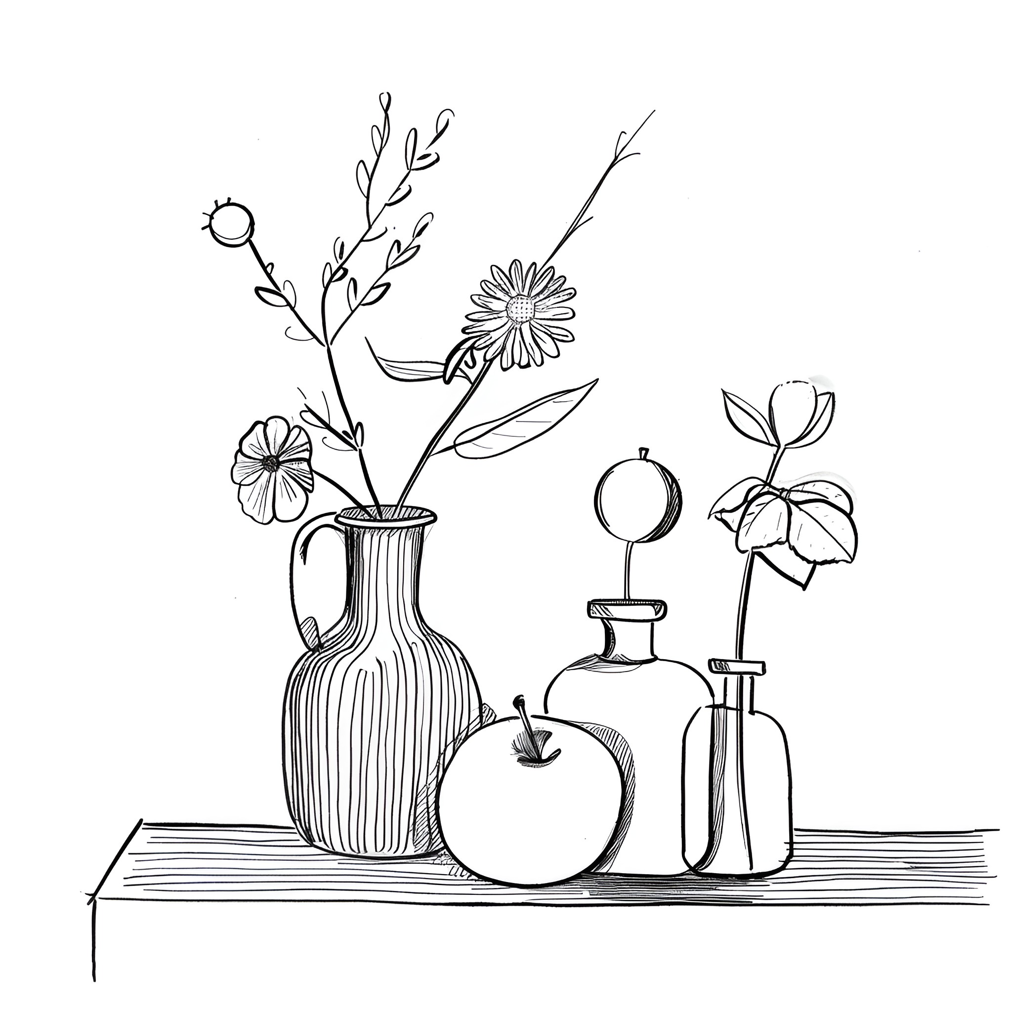 Still Life with Floral Vases and Decorations Drawing Idea (free black-and-white line drawing printable PDF for all, from beginners to advanced learners, including children, teens, adults, and seniors)
