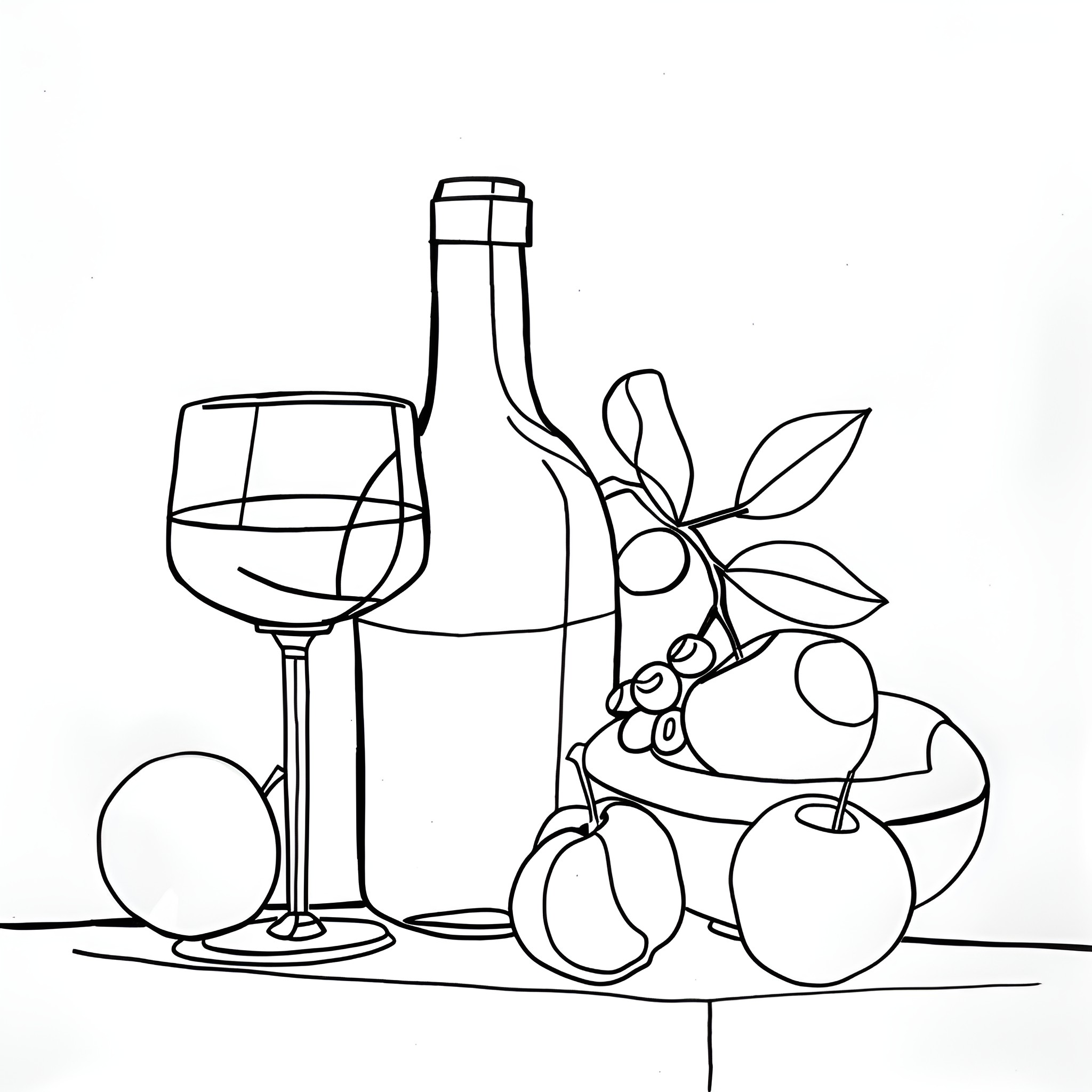 Still Life with Wine Glass and Fruits Drawing Idea (free black-and-white line drawing printable PDF for all, from beginners to advanced learners, including children, teens, adults, and seniors)