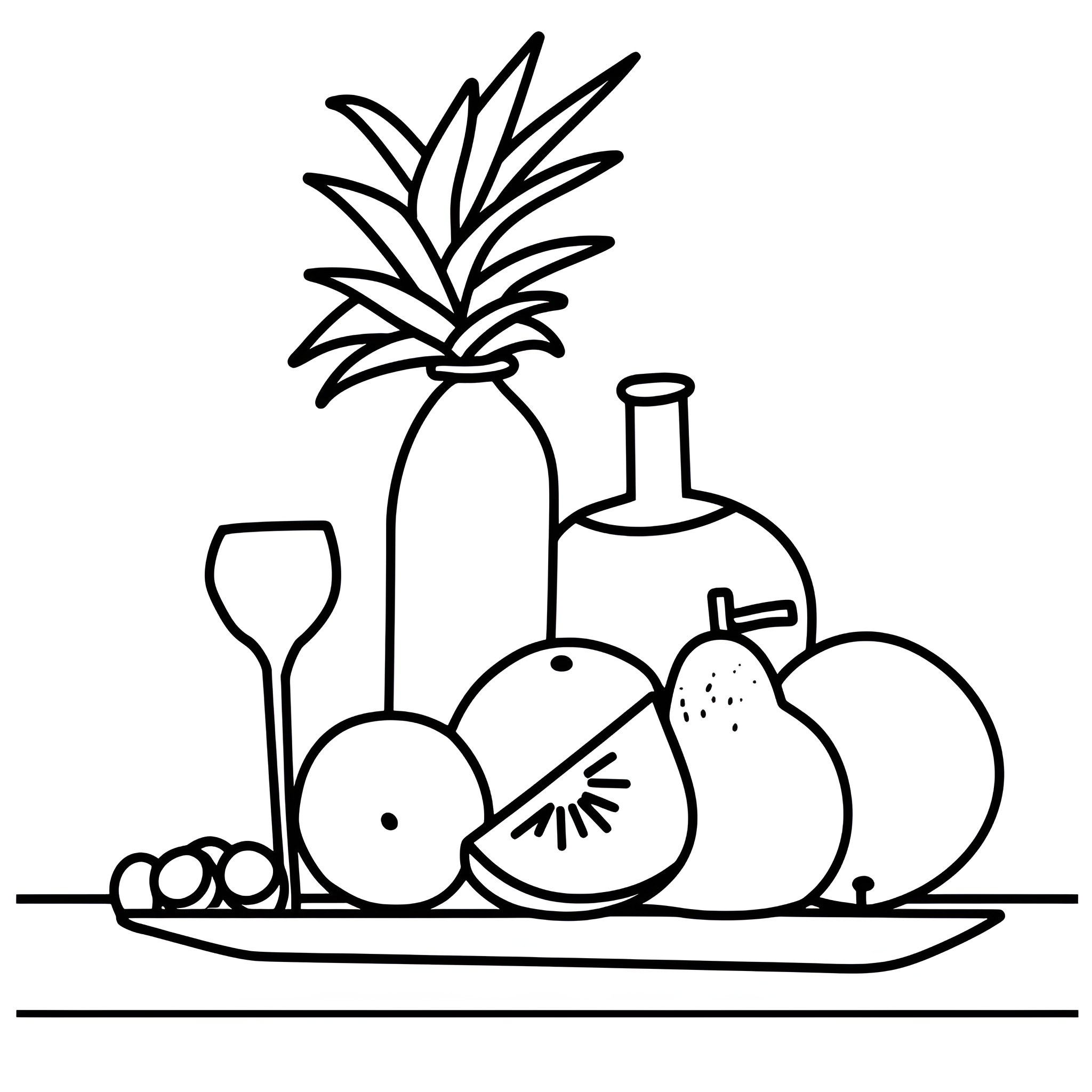 Still Life with Fruits and Beverages Drawing Idea (free black-and-white line drawing printable PDF for all, from beginners to advanced learners, including children, teens, adults, and seniors)