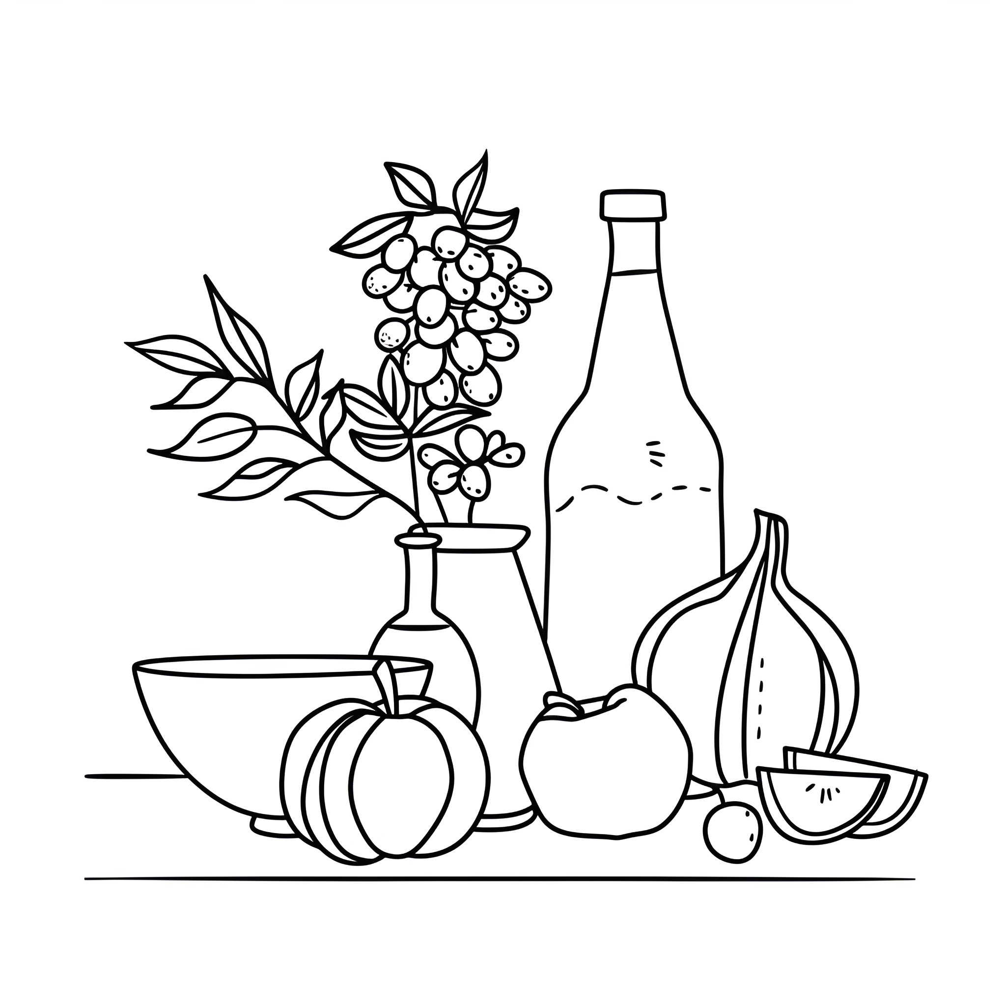 Still Life with Fruits and Bottles Drawing Idea (free black-and-white line drawing printable PDF for all, from beginners to advanced learners, including children, teens, adults, and seniors)