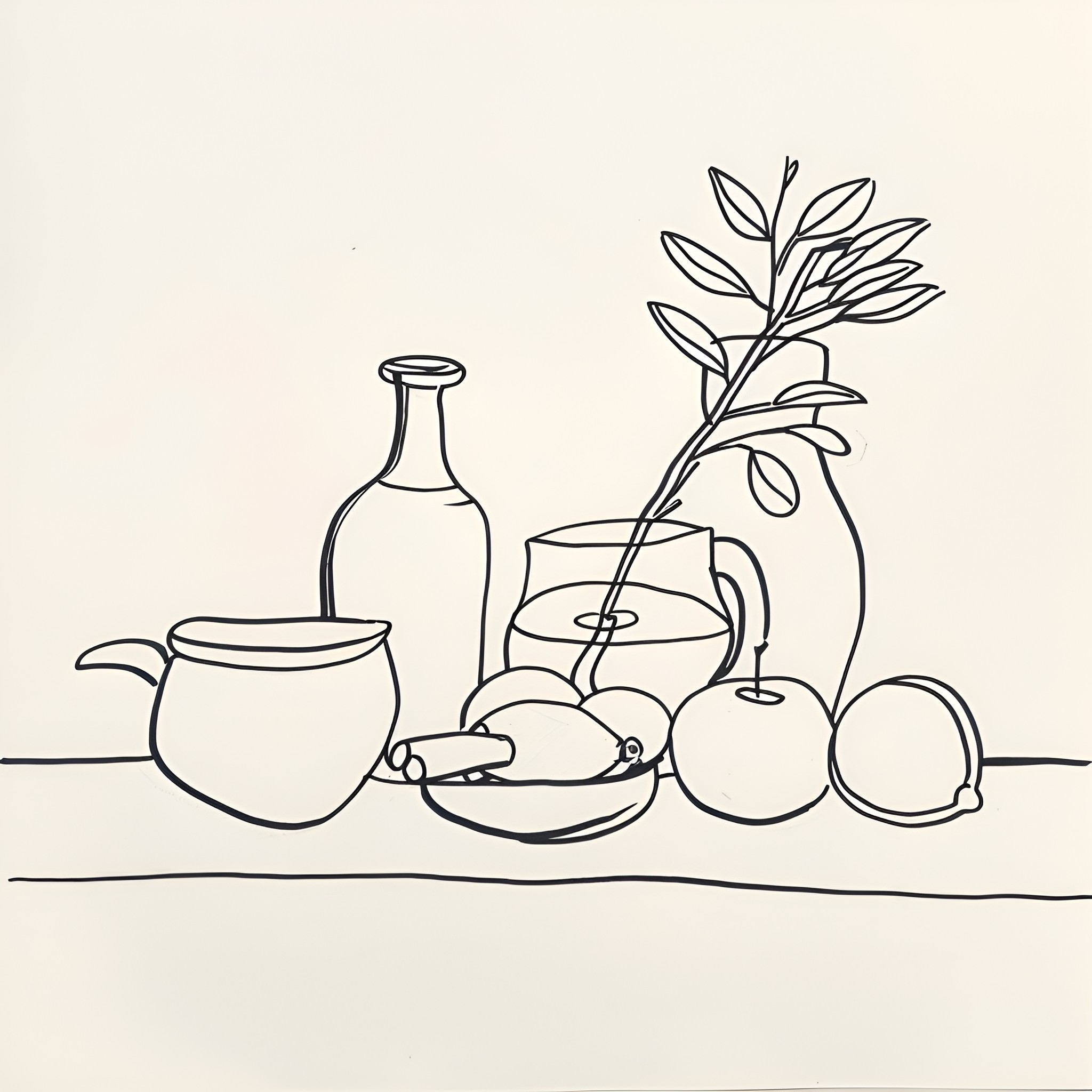 Still Life with Assorted Kitchenware and Produce Drawing Idea (free black-and-white line drawing printable PDF for all, from beginners to advanced learners, including children, teens, adults, and seniors)